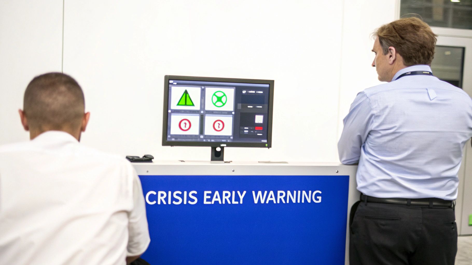 Two men observe a monitor displaying crisis early warning symbols on a blue stand.