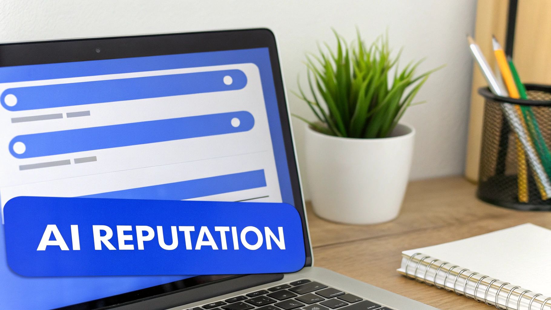 Laptop screen displays 'AI REPUTATION' on a desk with a plant and office supplies.