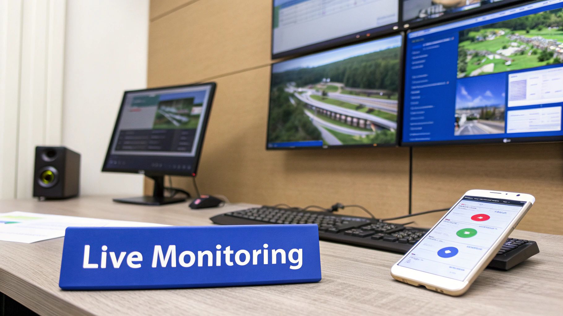 Live monitoring control room with multiple screens displaying highway surveillance cameras and mobile dashboard