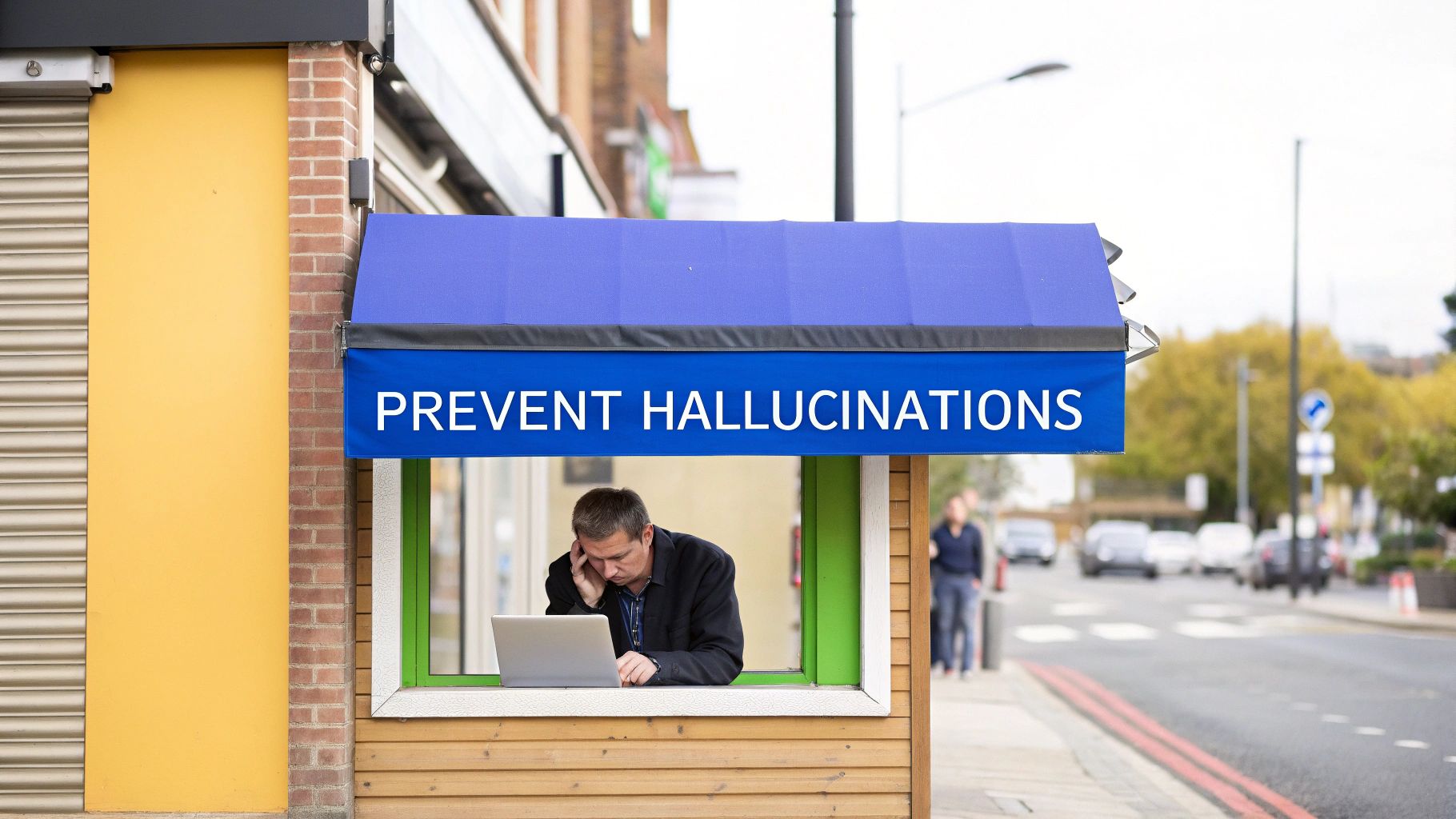 A man works on a laptop under a blue awning sign reading 'PREVENT HALLUCINATIONS' on a city street.