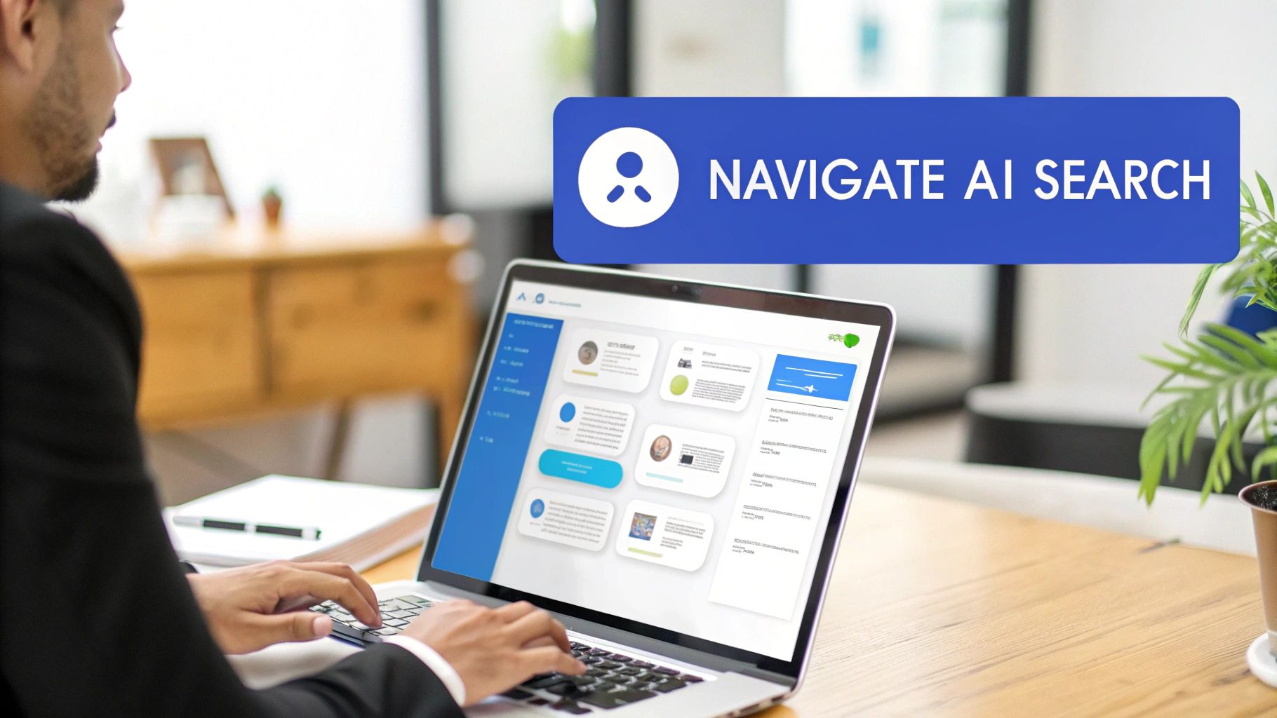 A man navigates an AI search interface on a laptop, with a prominent 'NAVIGATE AI SEARCH' banner.