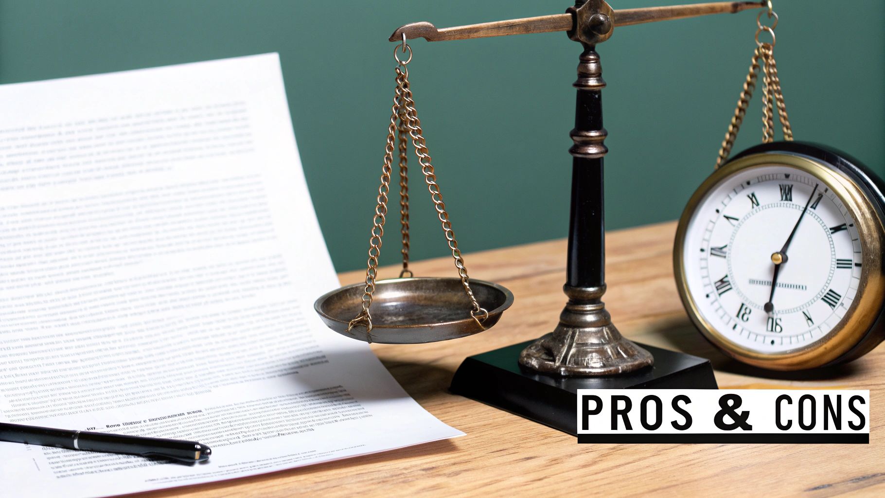 A balanced scale with a lightbulb on one side and a gear on the other, representing pros and cons.