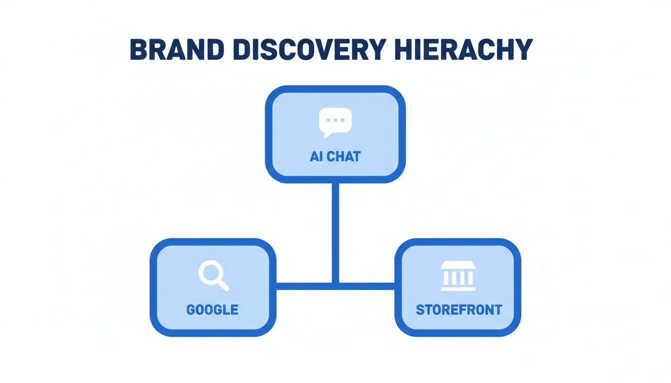 Diagram illustrating the brand discovery hierarchy with AI Chat, Google, and Storefront as key channels.