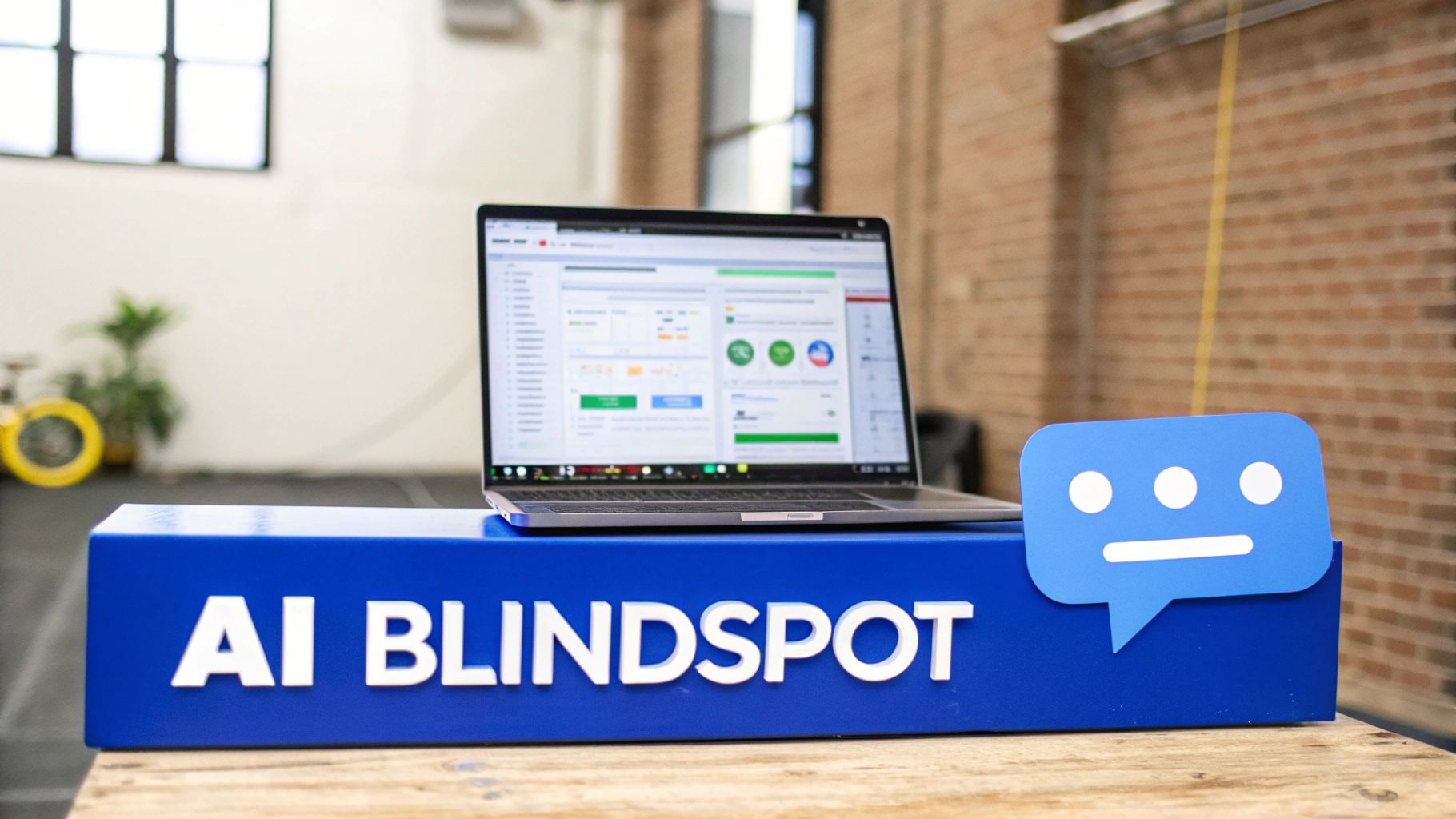 A laptop on a blue 'AI BLINDSPOT' stand displays data, with a sentiment analysis icon.