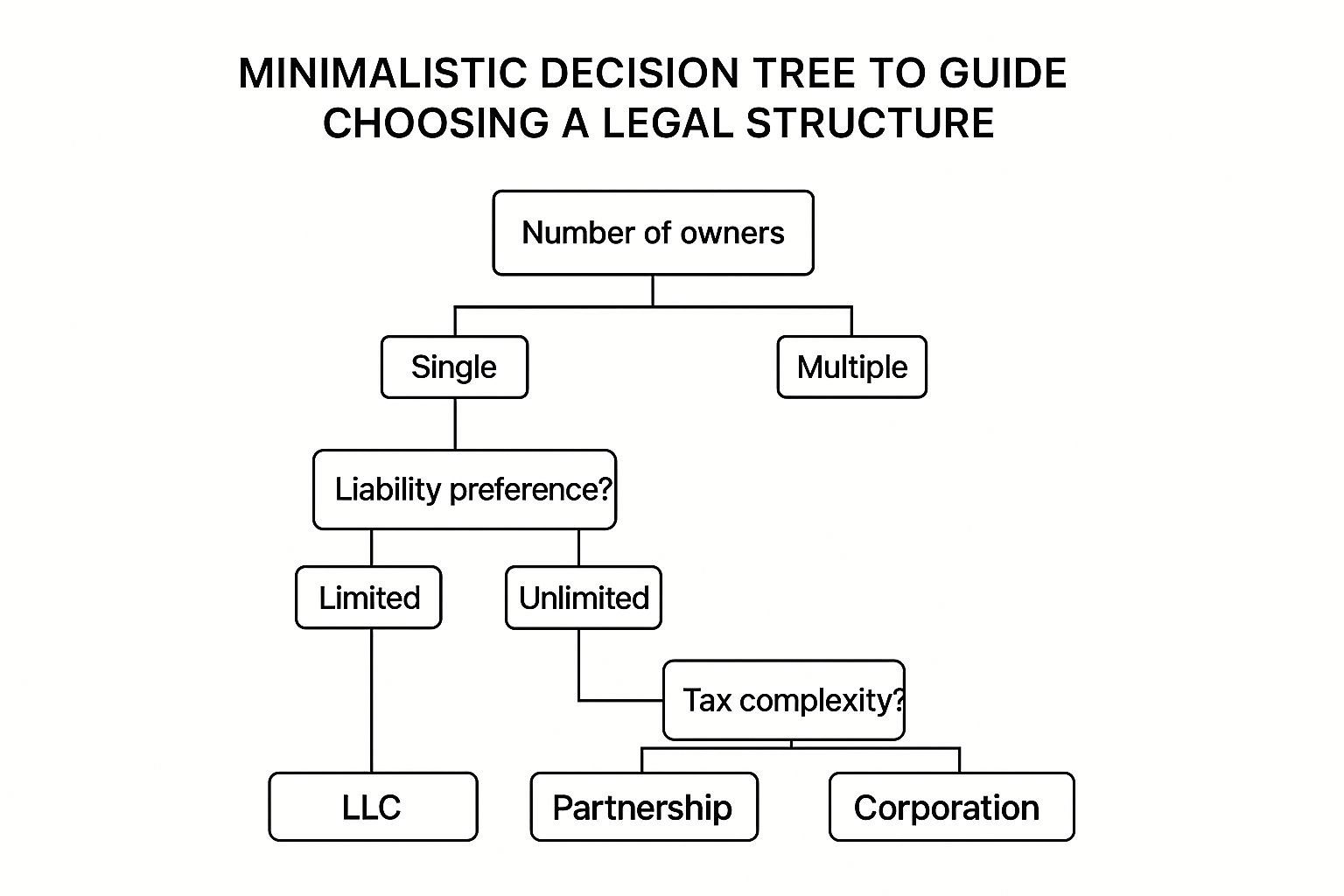 Infographic decision tree guiding the choice of a legal structure based on owners, liability, and tax complexity.