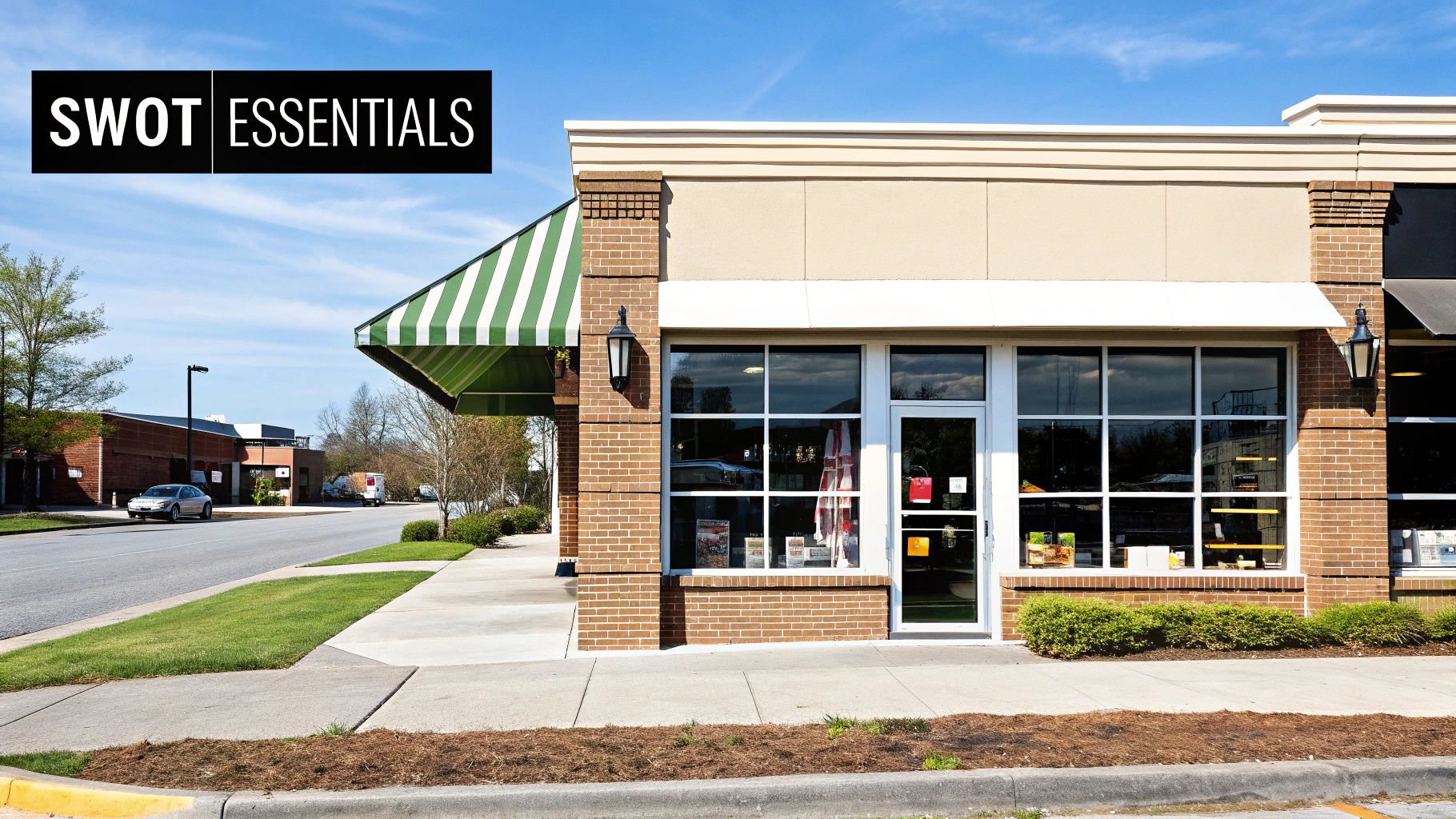 A group of small business owners collaborating on a SWOT analysis on a whiteboard.