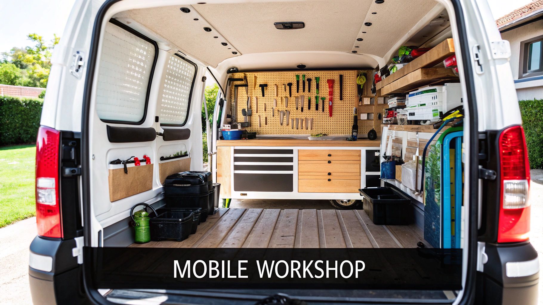 A mobile mechanic's well-organized work van with tools and equipment visible