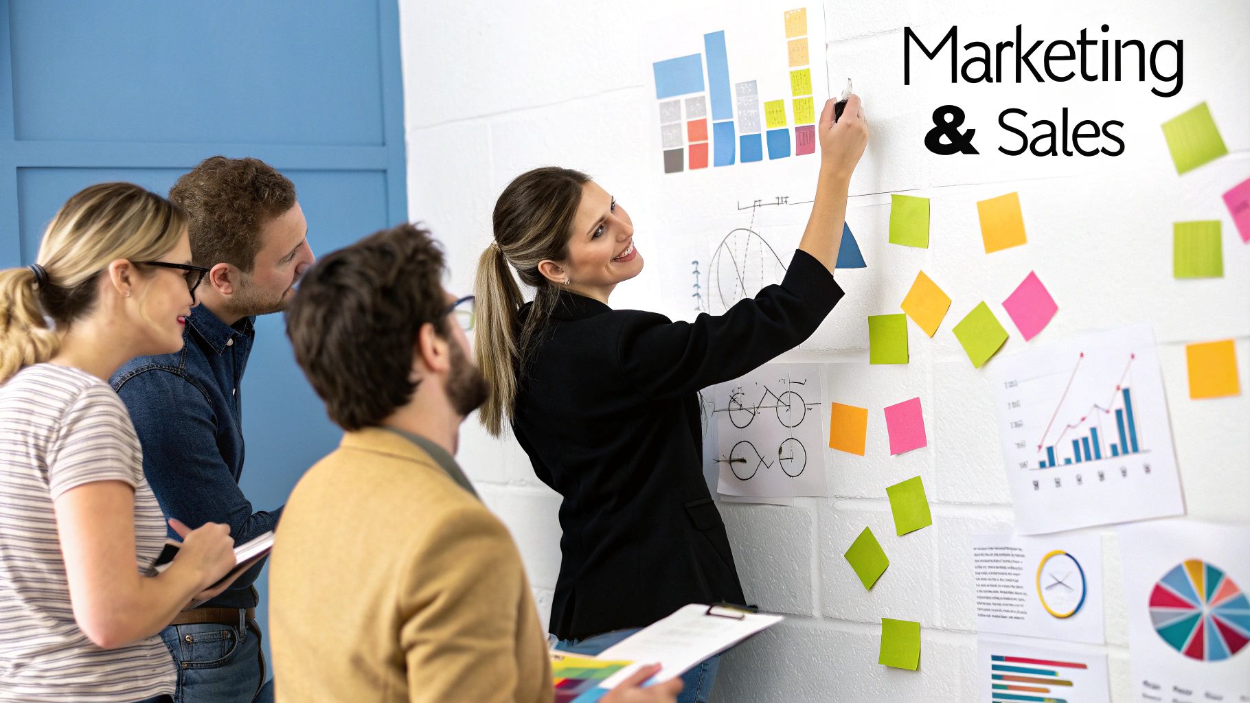 A person brainstorming a marketing plan on a digital whiteboard, with AI-generated icons for social media, email, and sales channels.