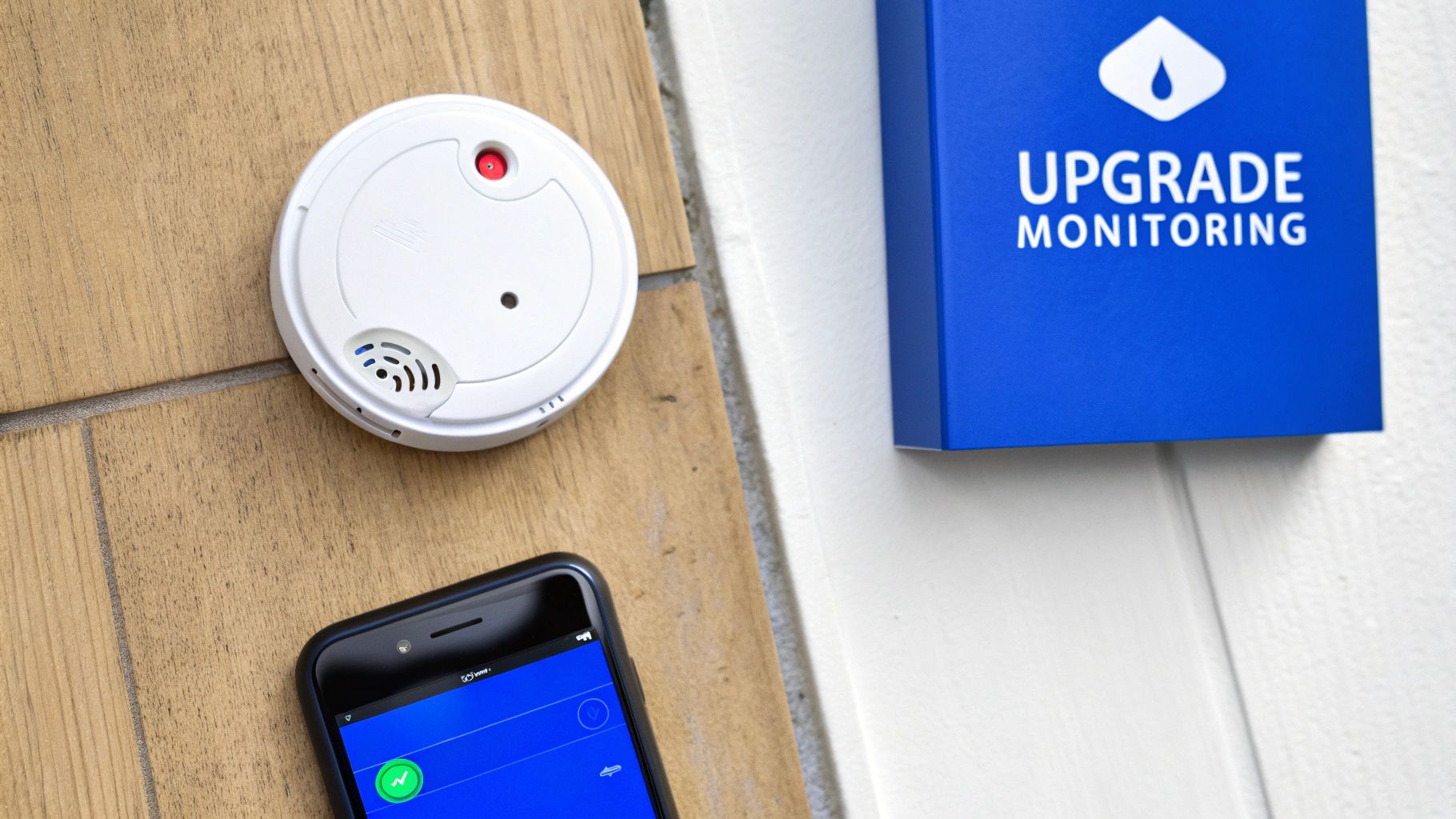 A white smoke detector, a smartphone with an app, and a blue 'Upgrade Monitoring' sign.