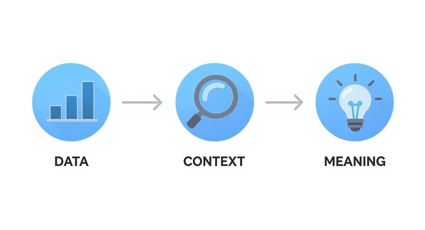 Infographic illustrating the process from raw data to meaningful insights via contextual understanding.