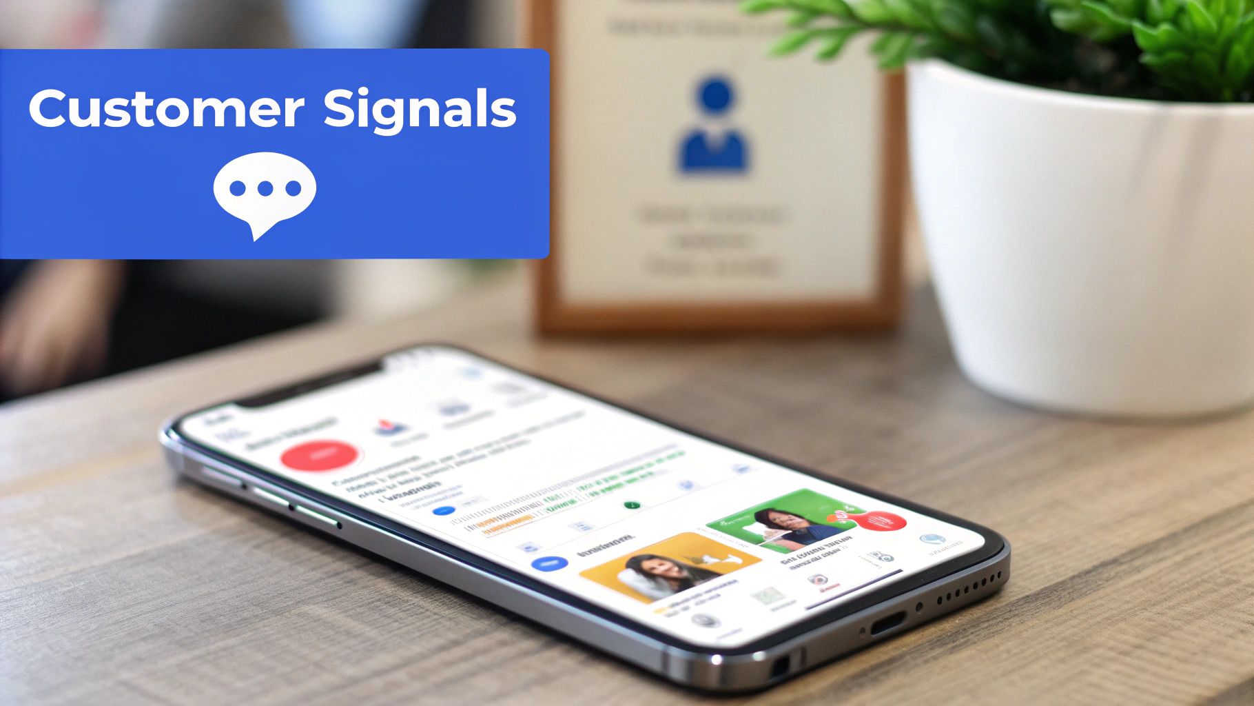 A smartphone displaying social media content next to a blue banner with 'Customer Signals' and a chat icon.