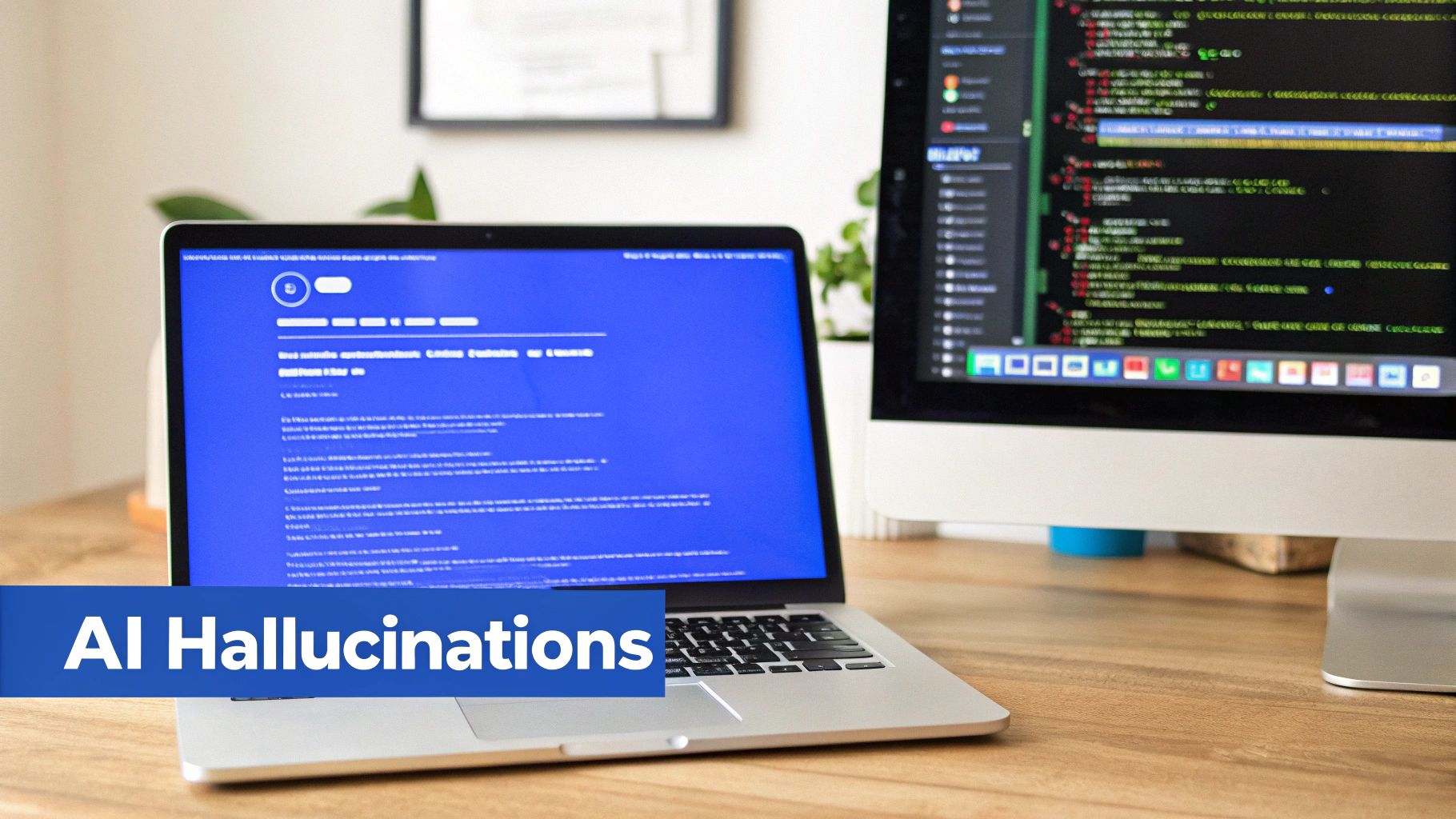 A laptop with a blue screen and a desktop monitor displaying code on a wooden desk. A blue banner across the image reads 'AI Hallucinations'.