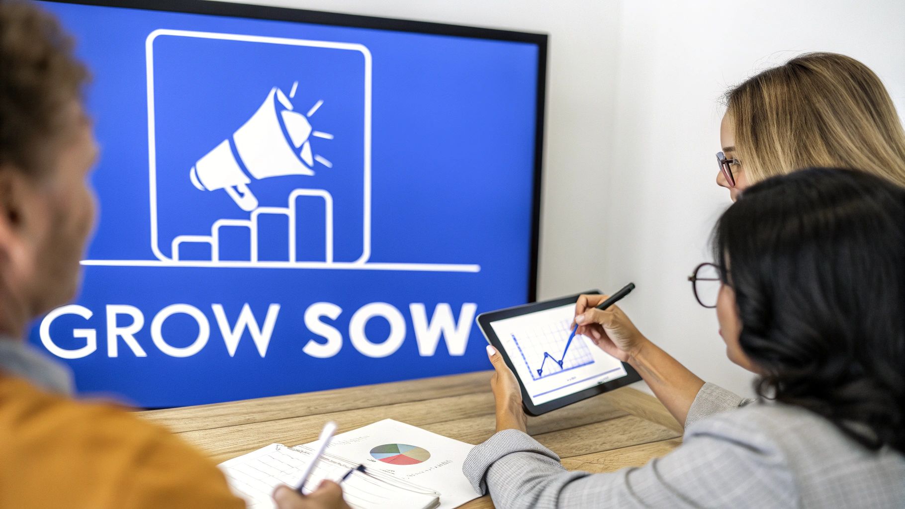 Three colleagues analyze marketing growth data on a tablet and a screen with a megaphone icon.