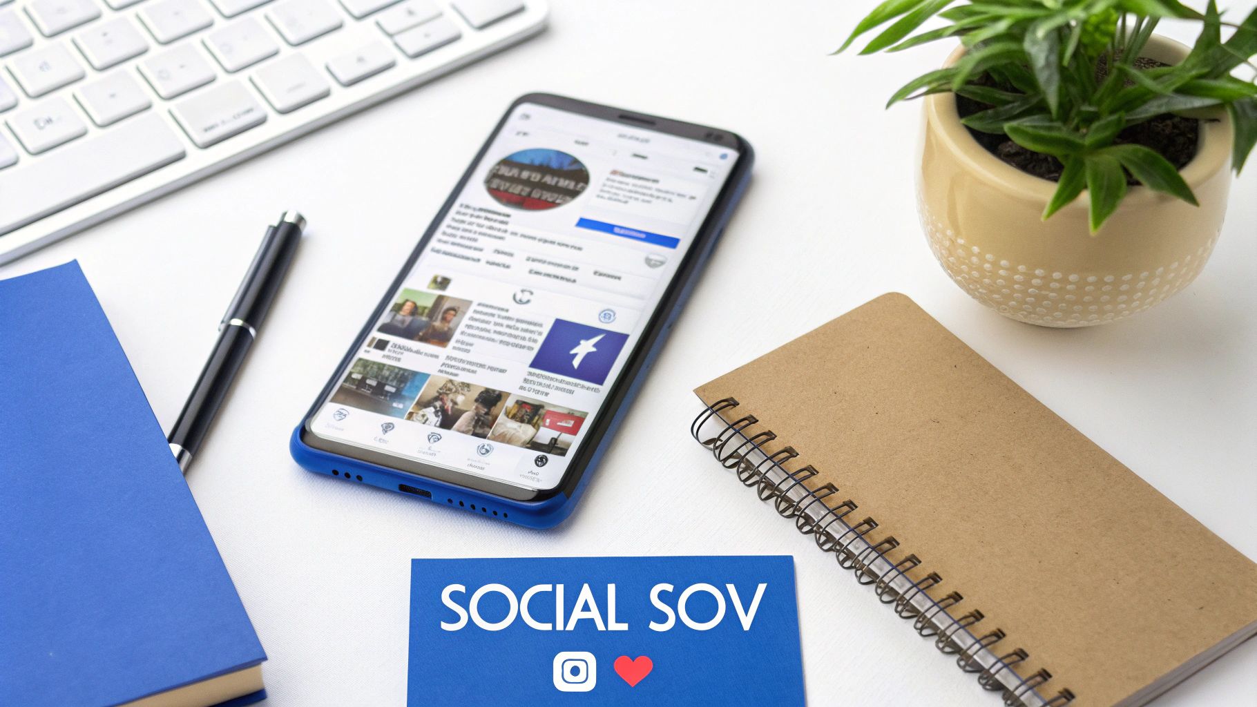 Flat lay showing a smartphone with a social media feed, keyboard, notebooks, pen, and potted plant.
