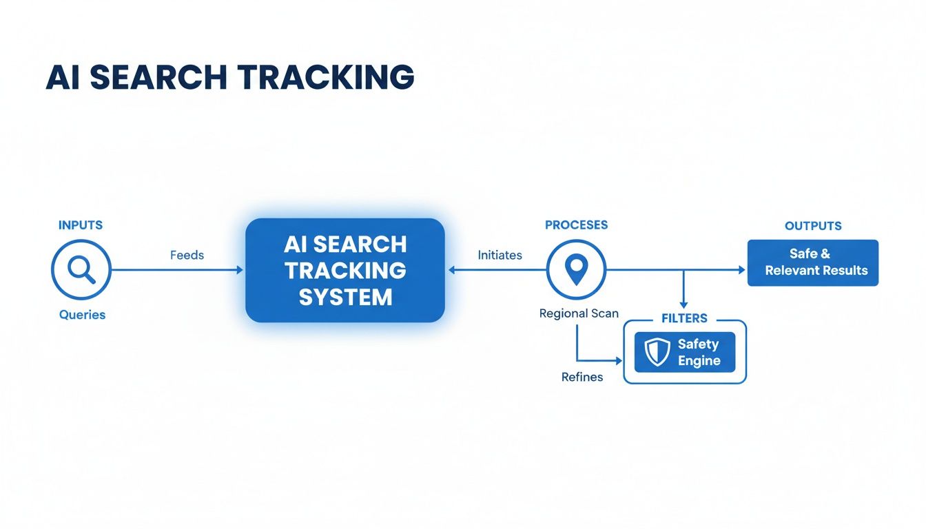 A flowchart illustrates an AI search tracking system, from queries to filtered, safe, and relevant results.