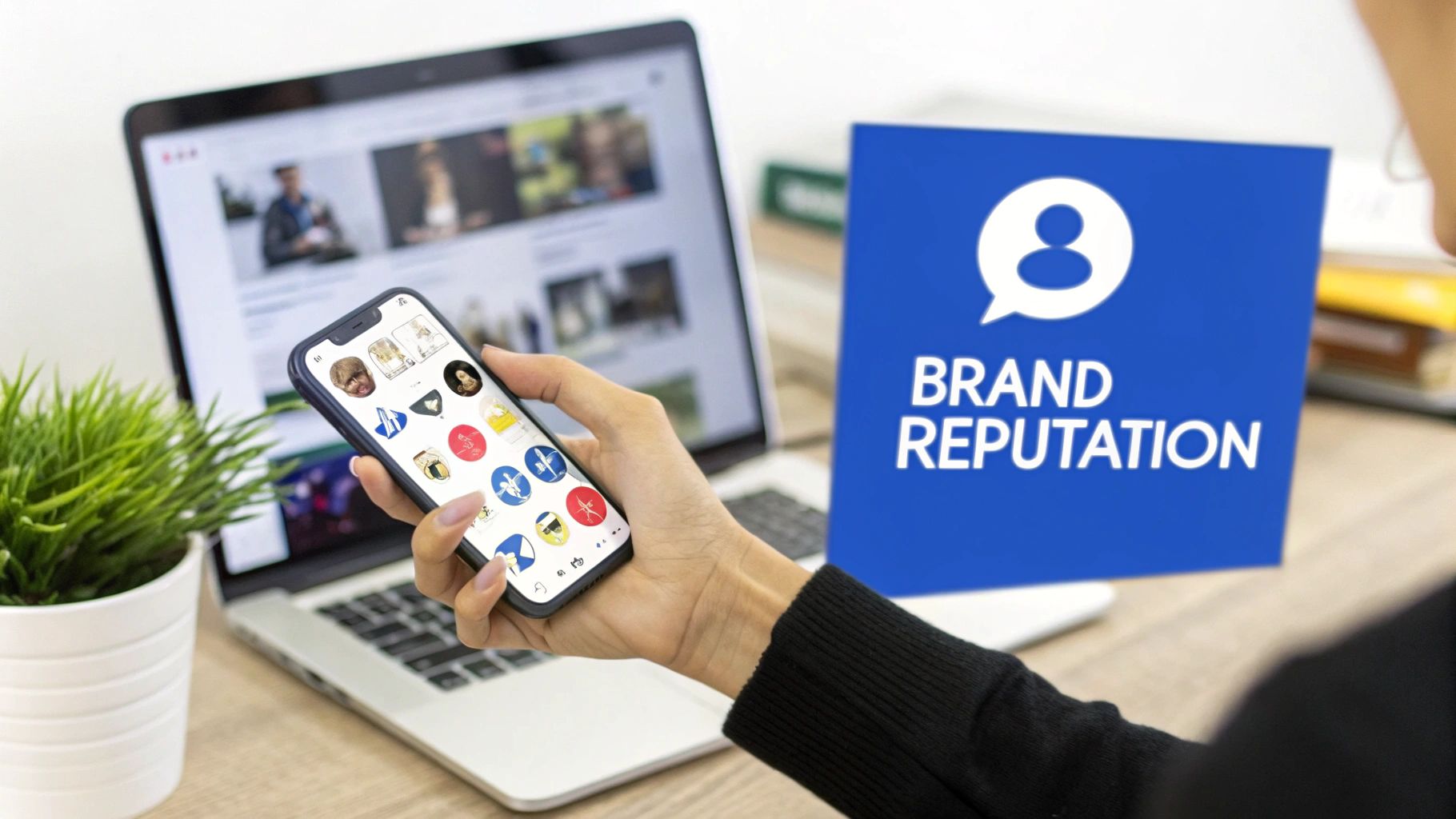 A person's hand holds a smartphone displaying social media apps, with a laptop and 'Brand Reputation' sign.