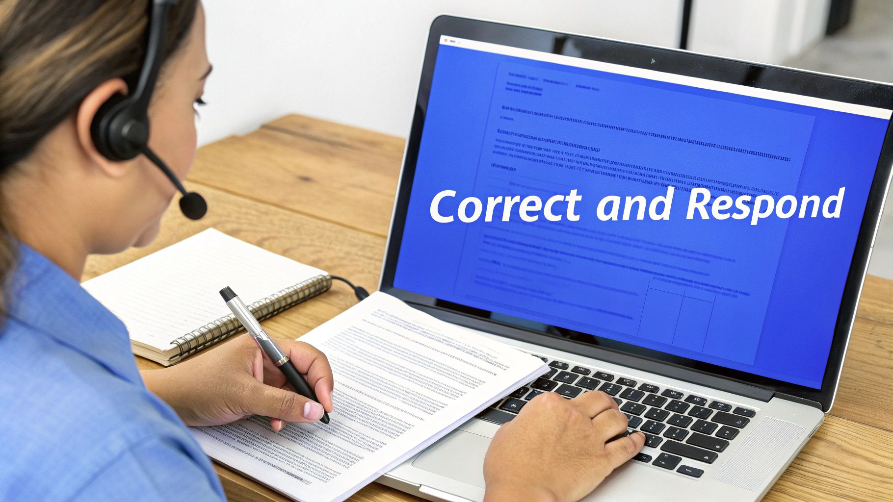 Customer service agent wearing a headset, writing notes and typing on a laptop displaying 'Correct and Respond'.