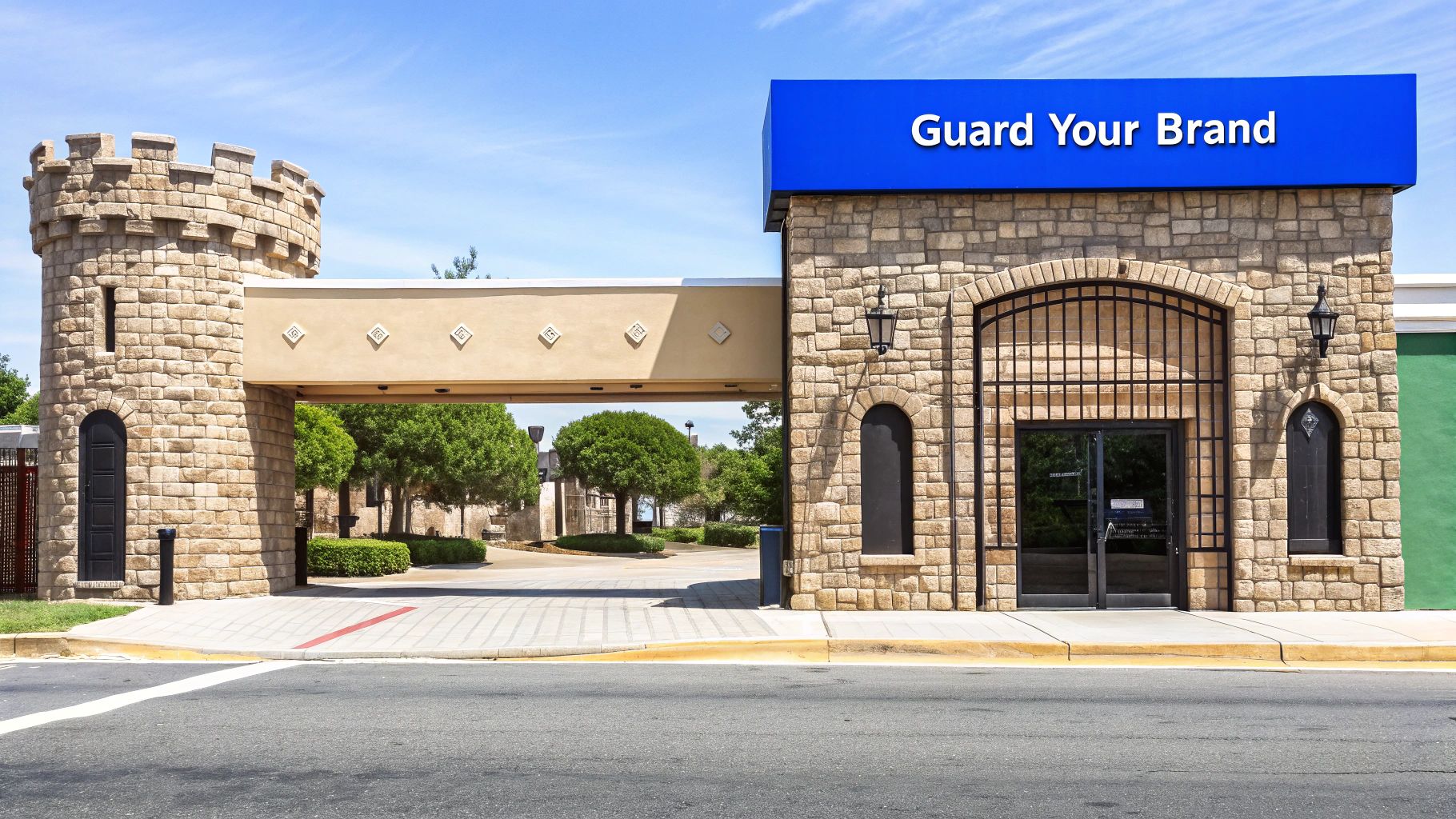 A stone building designed like a castle with a blue sign reading 'Guard Your Brand' under a clear sky.