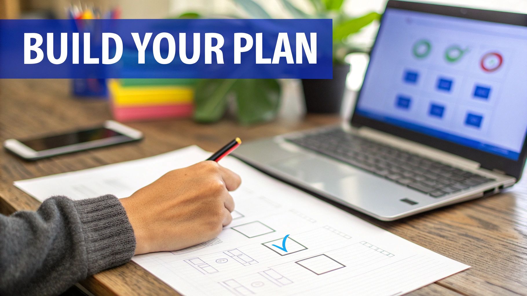 A person's hand checks a box on a checklist, with a laptop displaying charts and a 'BUILD YOUR PLAN' banner.