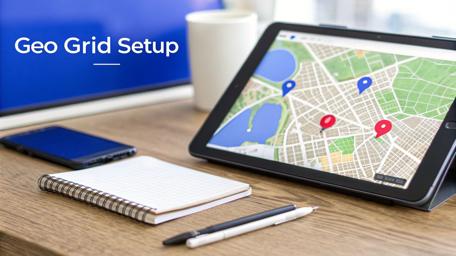 A tablet displaying a geo grid map with location pins, a smartphone, and a notebook on a wooden desk.