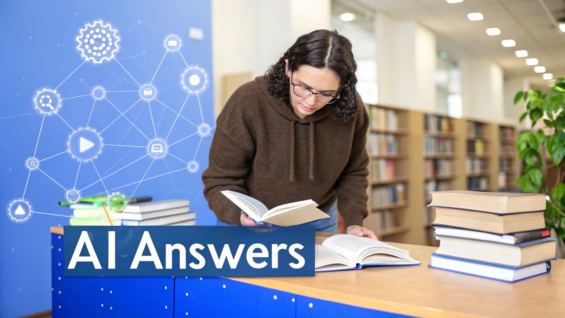A person in a library studying books, with an 'AI Answers' overlay and a network of digital icons.