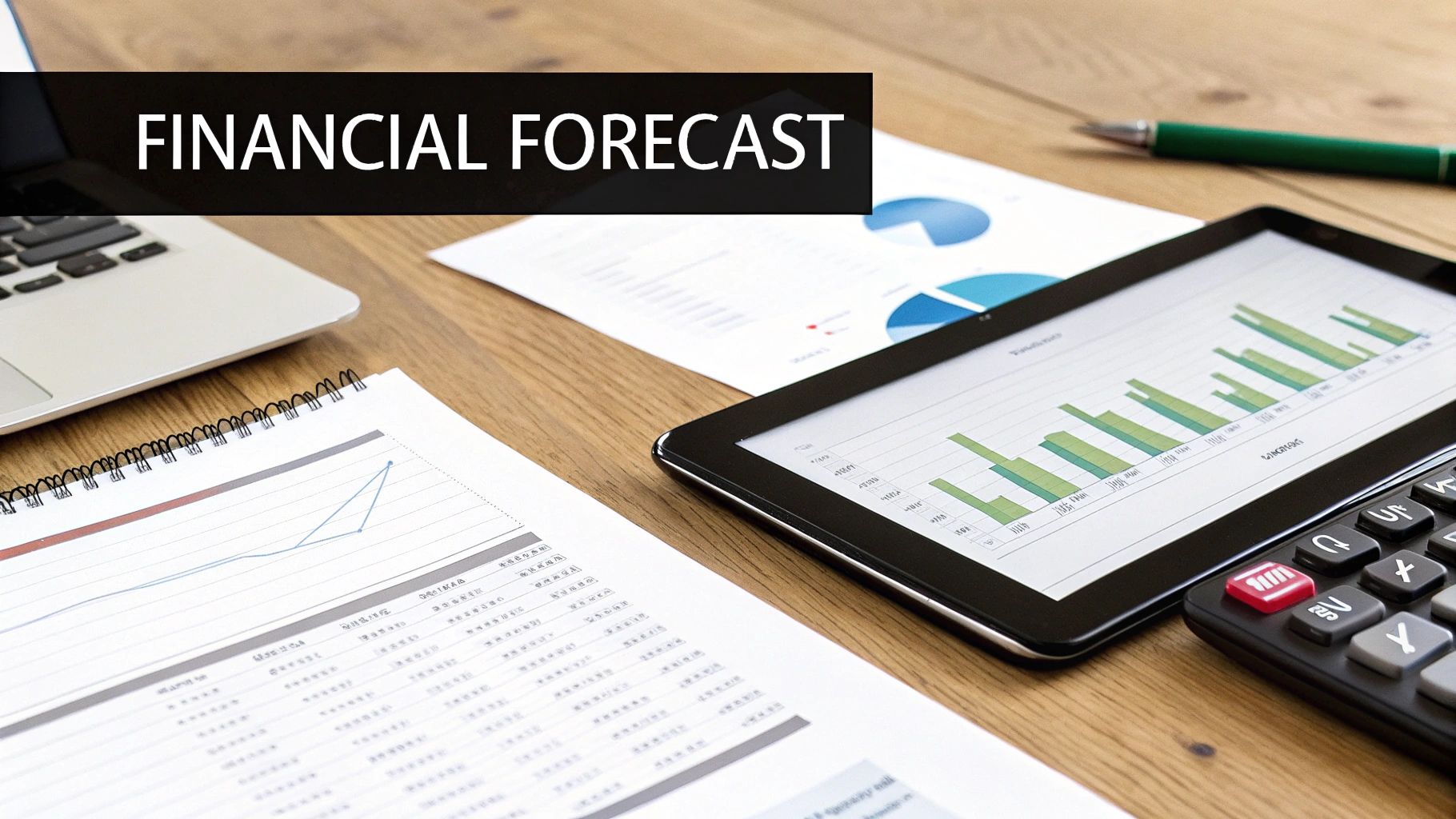 A person using a calculator with financial documents and a laptop, illustrating financial planning for a hotel business.