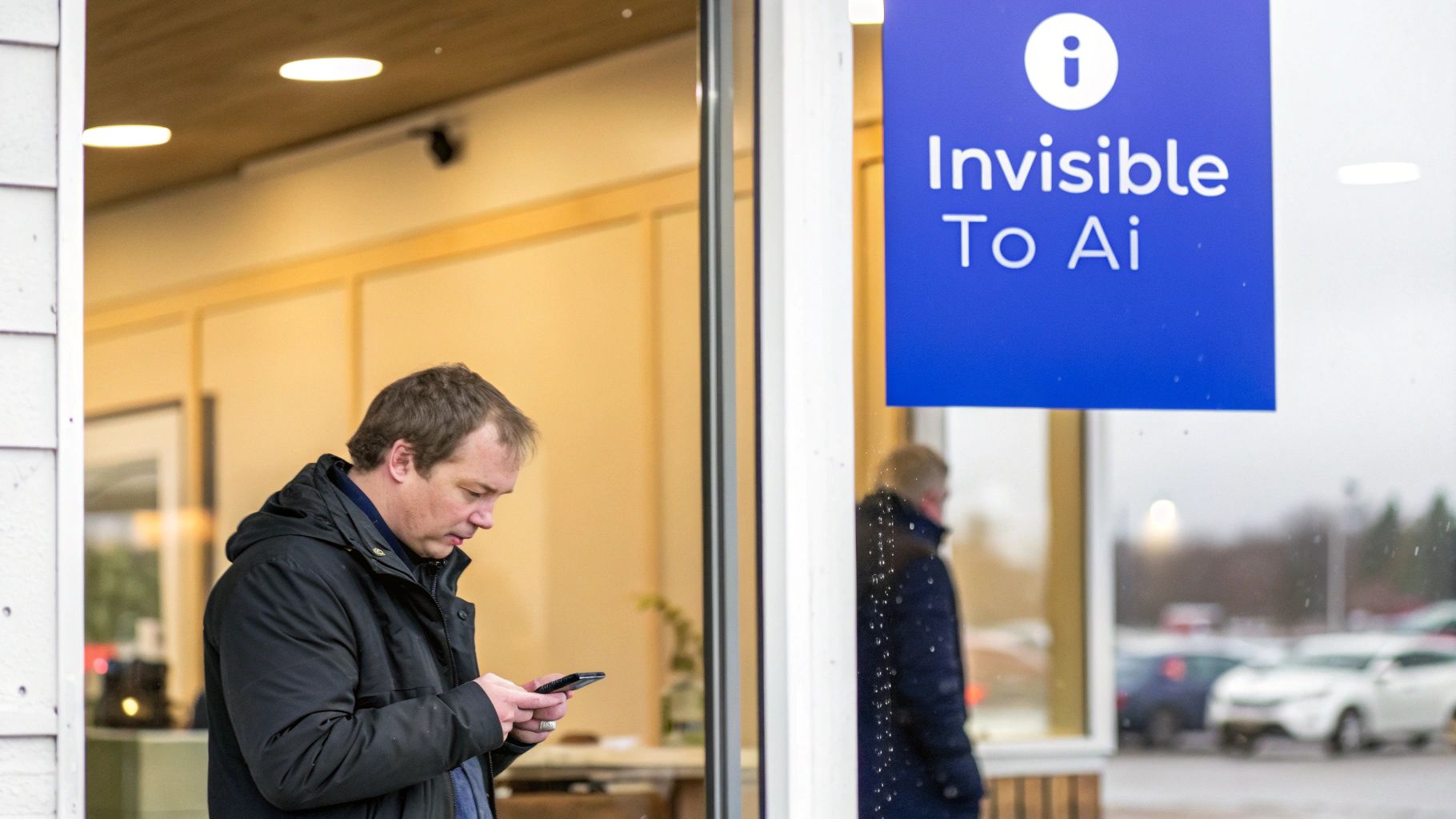 A man looks at his phone while standing near a window with an 'Invisible To Ai' sign.