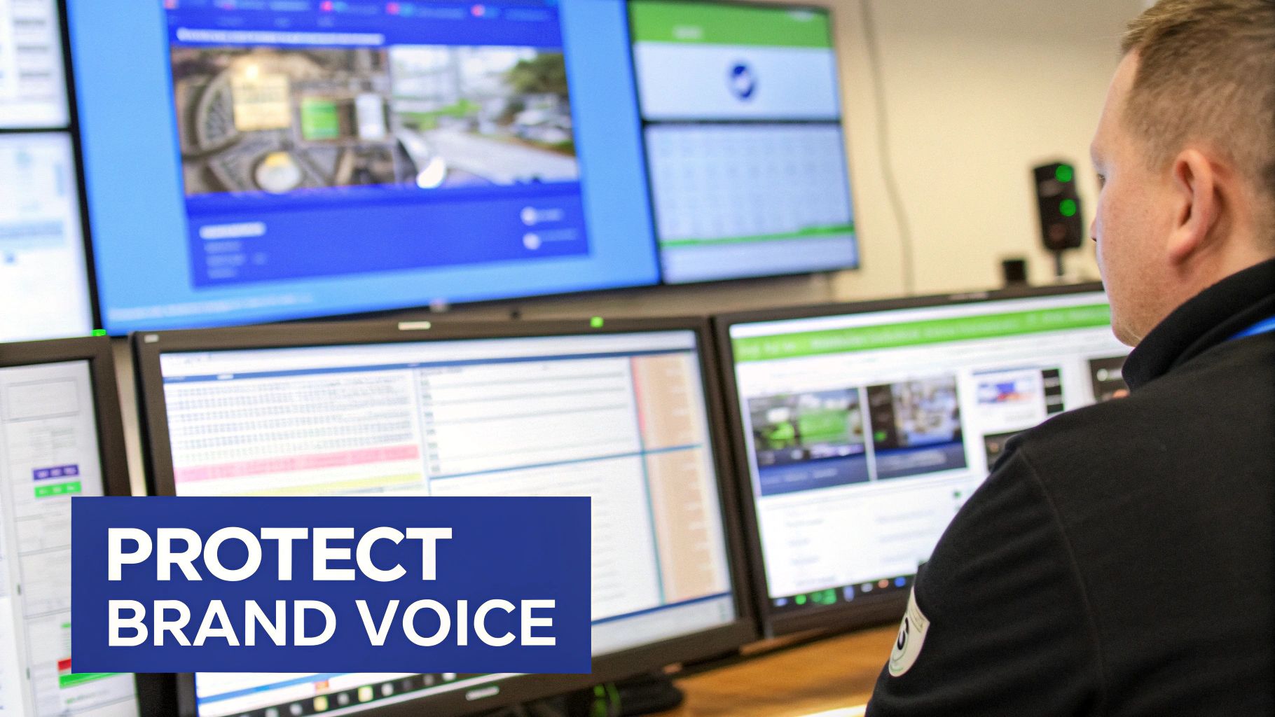 A man in a control room monitors multiple screens displaying data and camera feeds, emphasizing brand voice protection.
