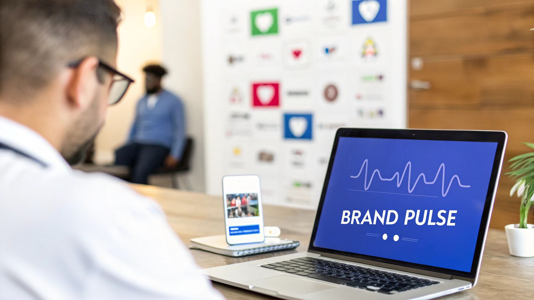 A person in glasses views a laptop showing 'Brand Pulse' with a heart-rate graph, next to a smartphone.