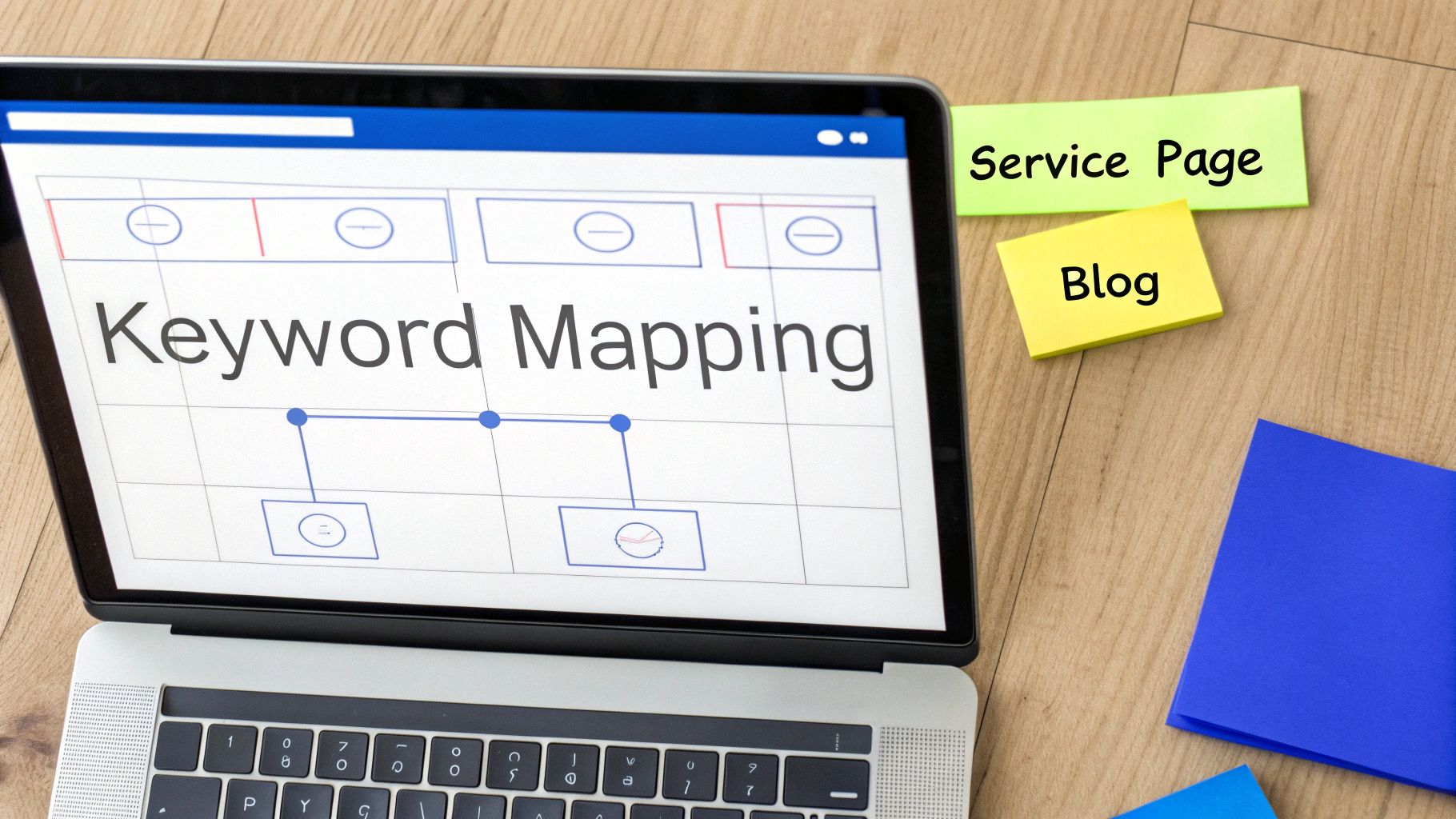 Laptop screen showing keyword mapping process with sticky notes for service page and blog content.