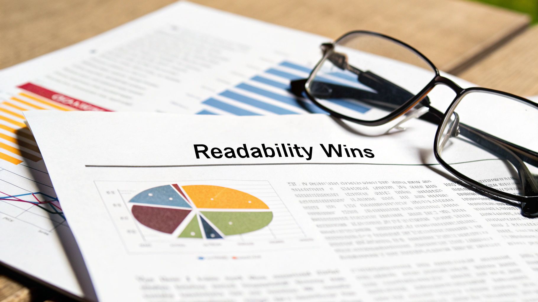 A neatly organized desk with a business plan, charts, and a laptop, suggesting clarity and readability.