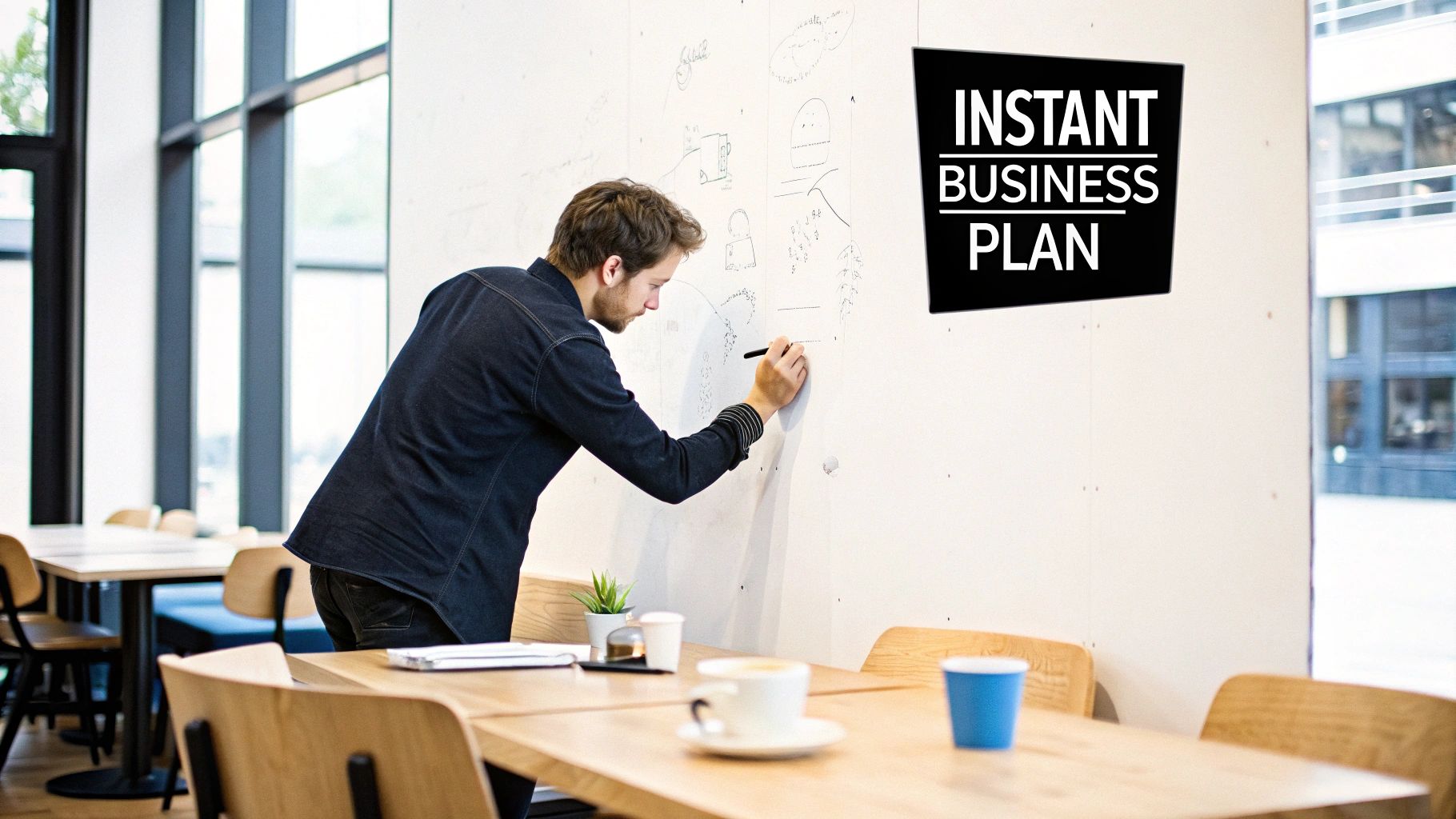 An entrepreneur reviewing a business plan on a laptop, with charts and graphs in the background.