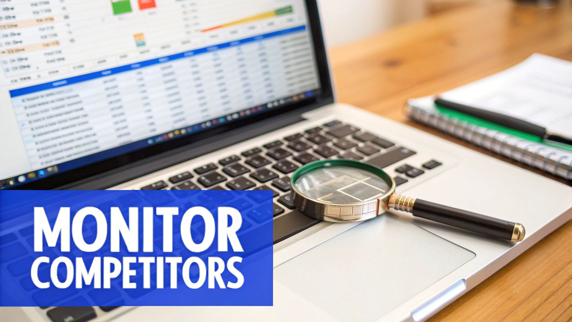 A laptop displaying a spreadsheet, a magnifying glass, and a banner reading 'MONITOR COMPETITORS'.