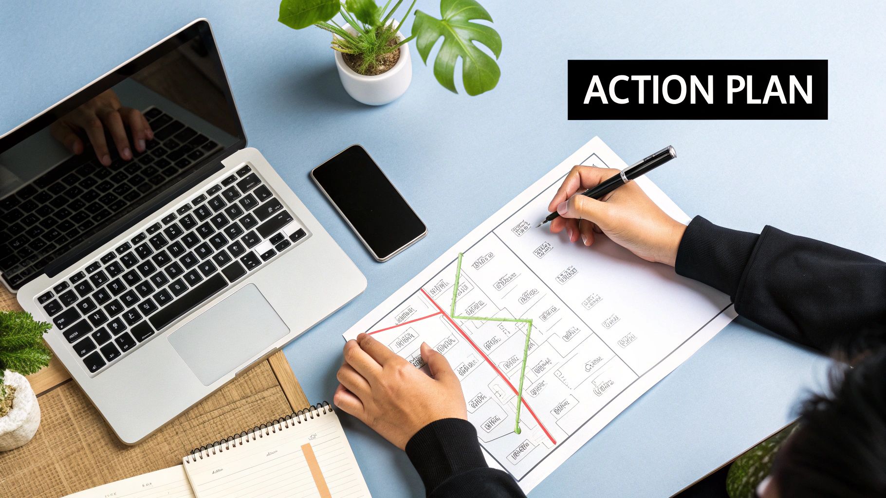 A person working on a business plan on a laptop with charts and graphs in the background.