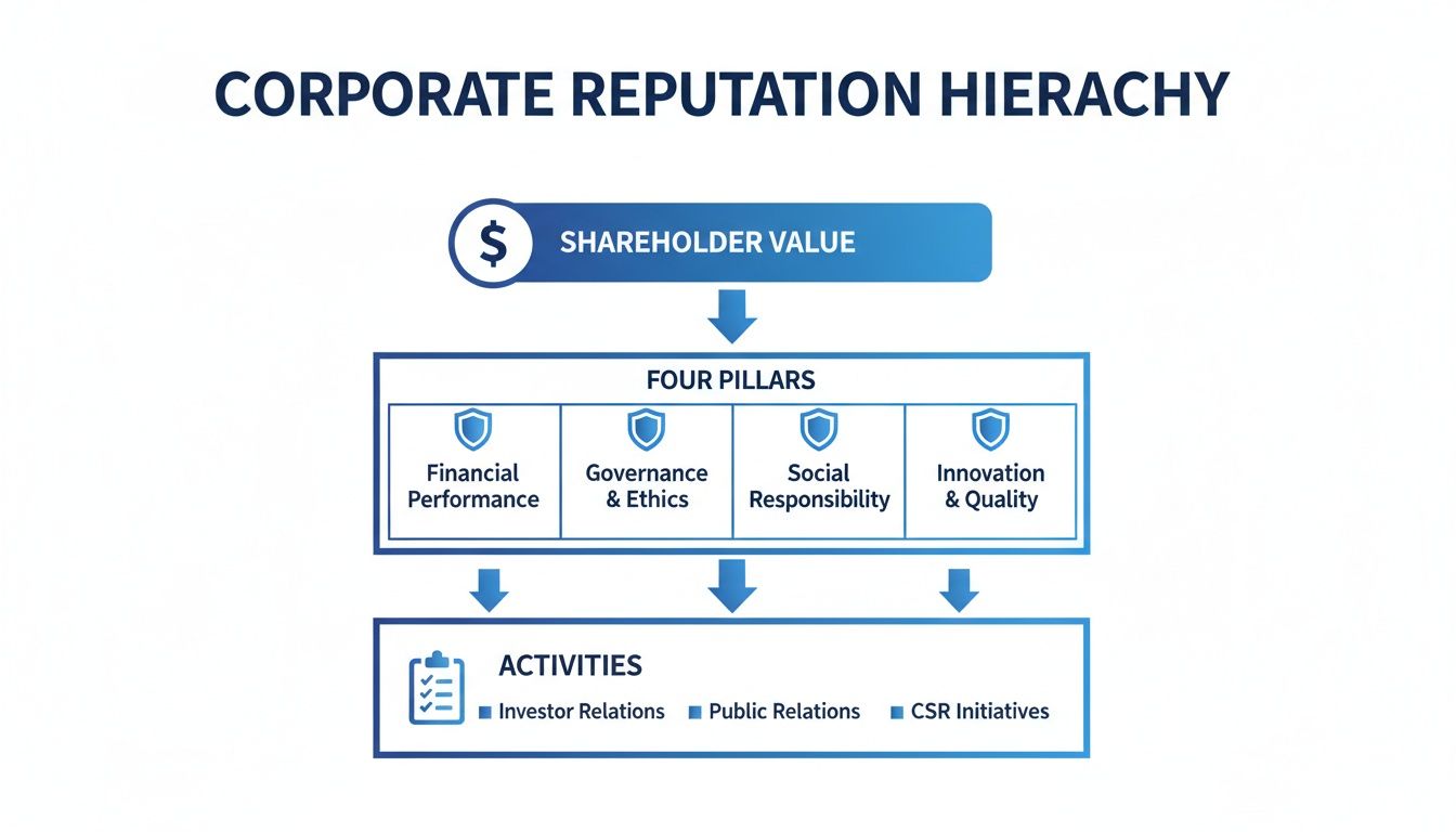 A corporate reputation hierarchy diagram detailing shareholder value, four pillars, and key activities.