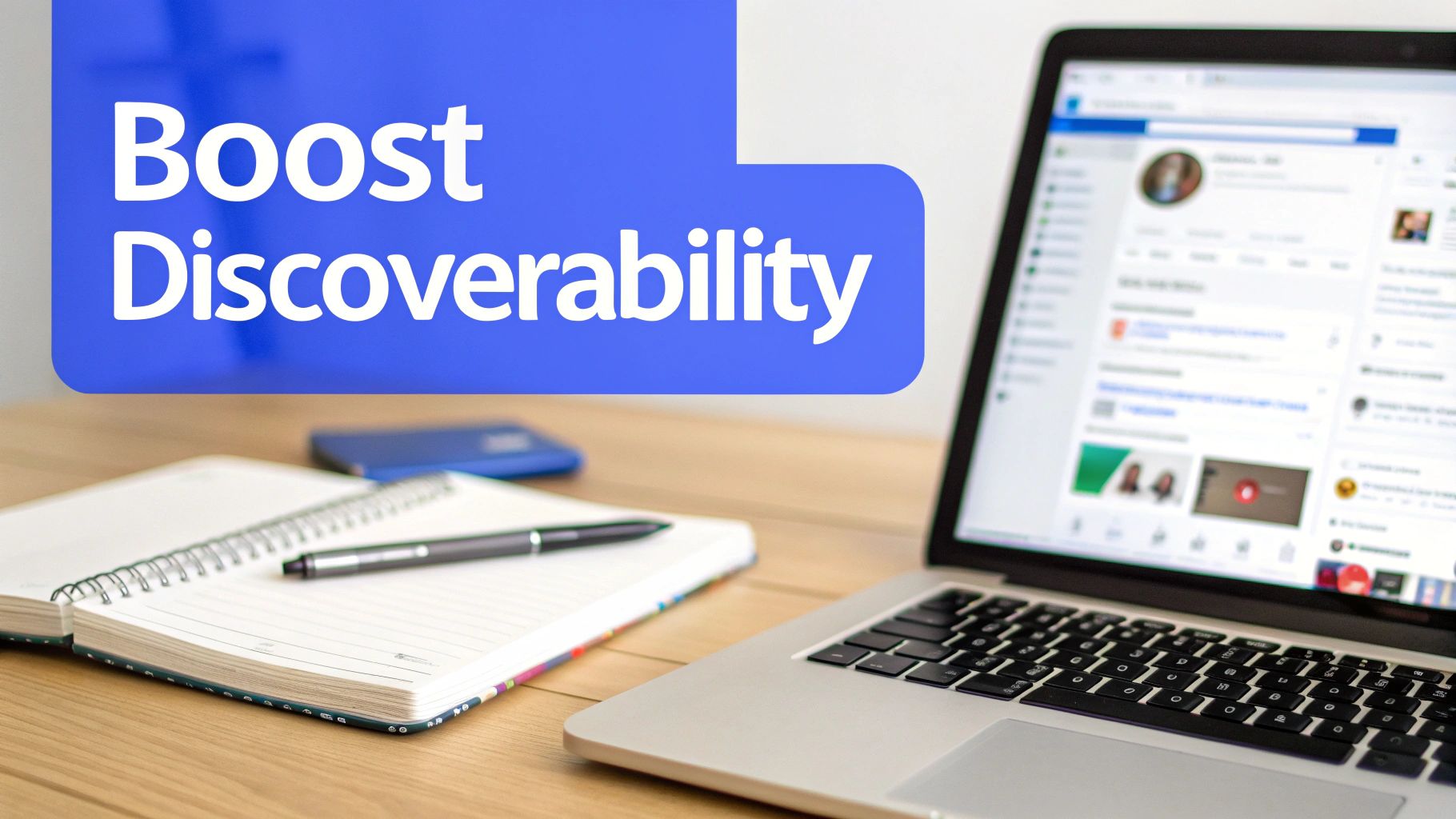 A laptop displaying a social media feed with 'Boost Discoverability' text overlay, alongside a notebook and pen on a wooden desk.