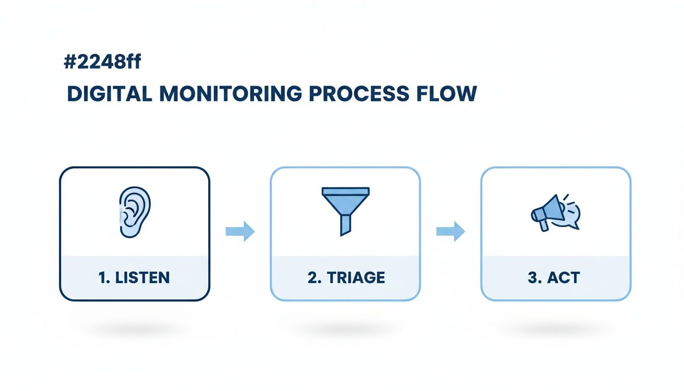 A digital monitoring process flow chart with three steps: listen, triage, and act.