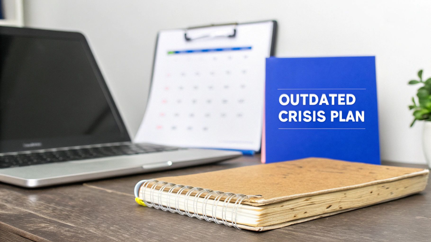 A desk scene with a laptop, calendar, and a blue folder labeled 'OUTDATED CRISIS PLAN'.