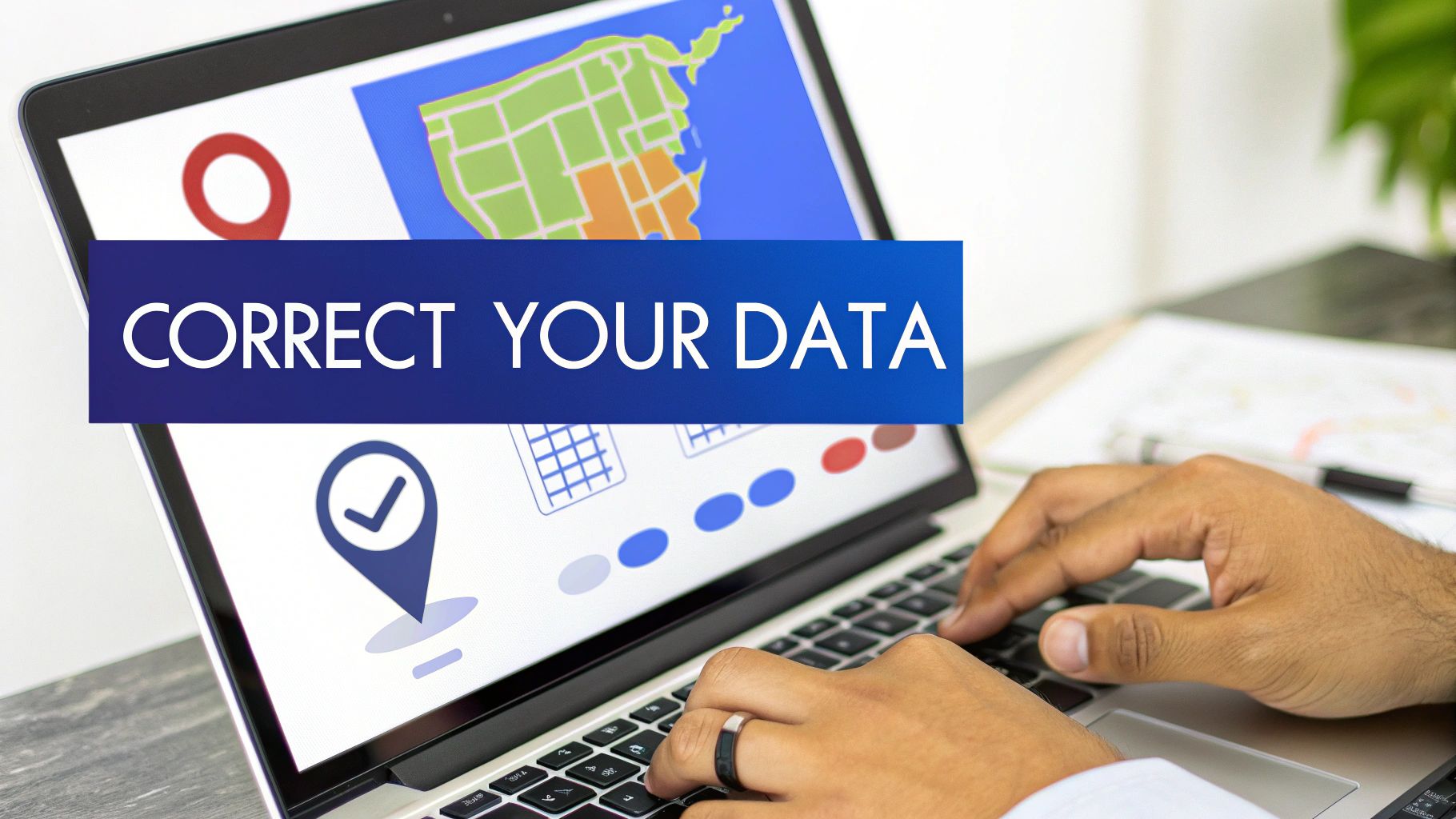 Hands typing on a laptop, displaying data visualizations, a map, and 'CORRECT YOUR DATA' banner.