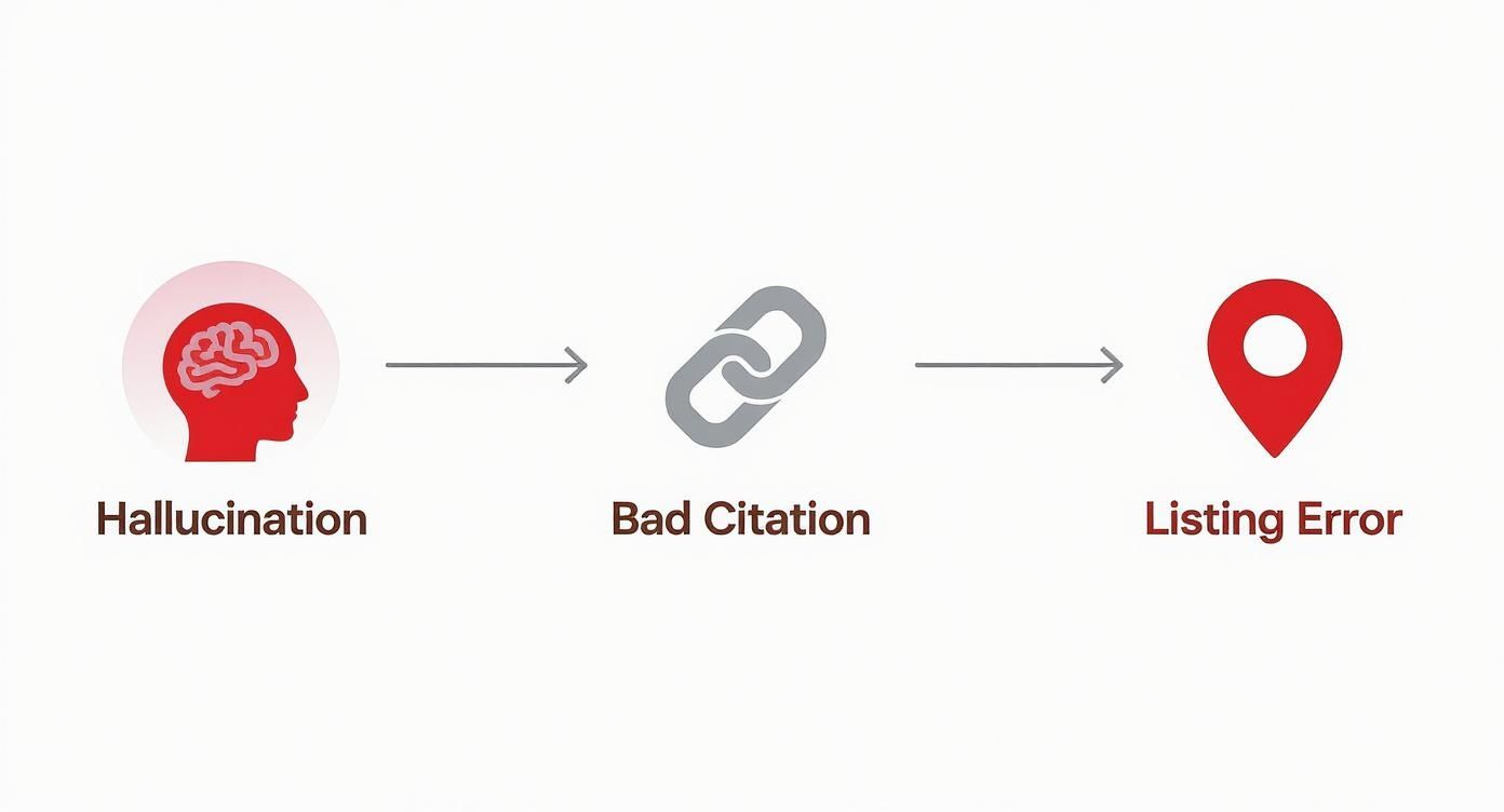 Diagram showing how hallucination leads to bad citation and eventually a listing error.