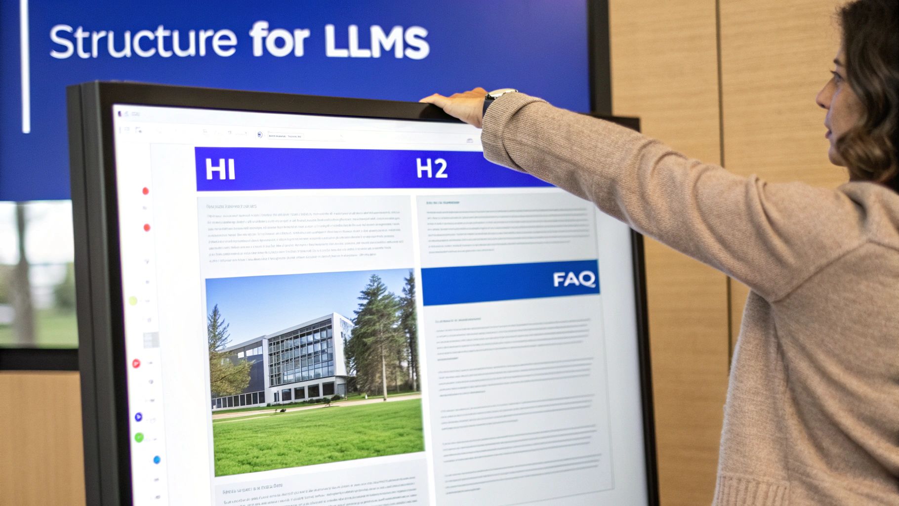 A person's hand touches a large monitor displaying a webpage with H1, H2, and FAQ sections.