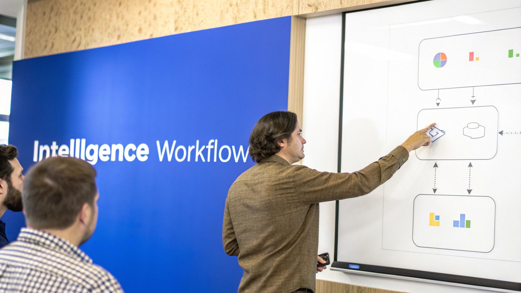 Three men in an office review a data workflow diagram on an interactive whiteboard during a presentation.