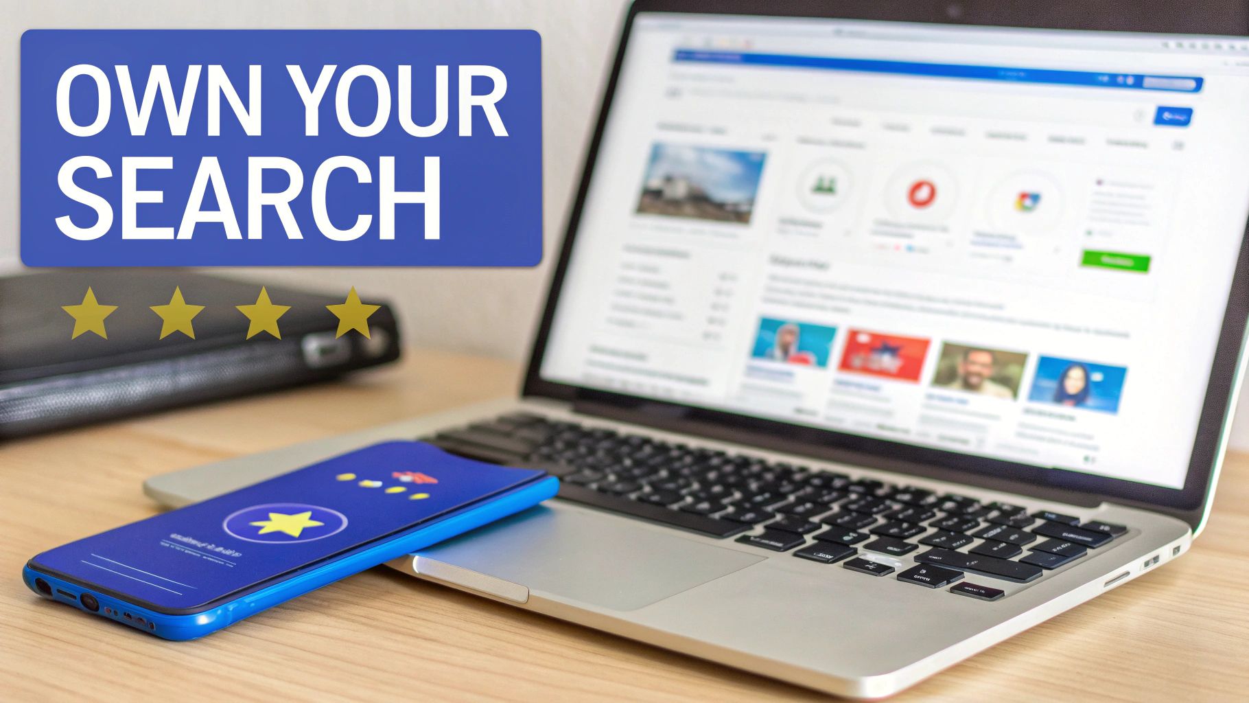 Laptop and smartphone displaying online search results and star ratings with 'OWN YOUR SEARCH' text.