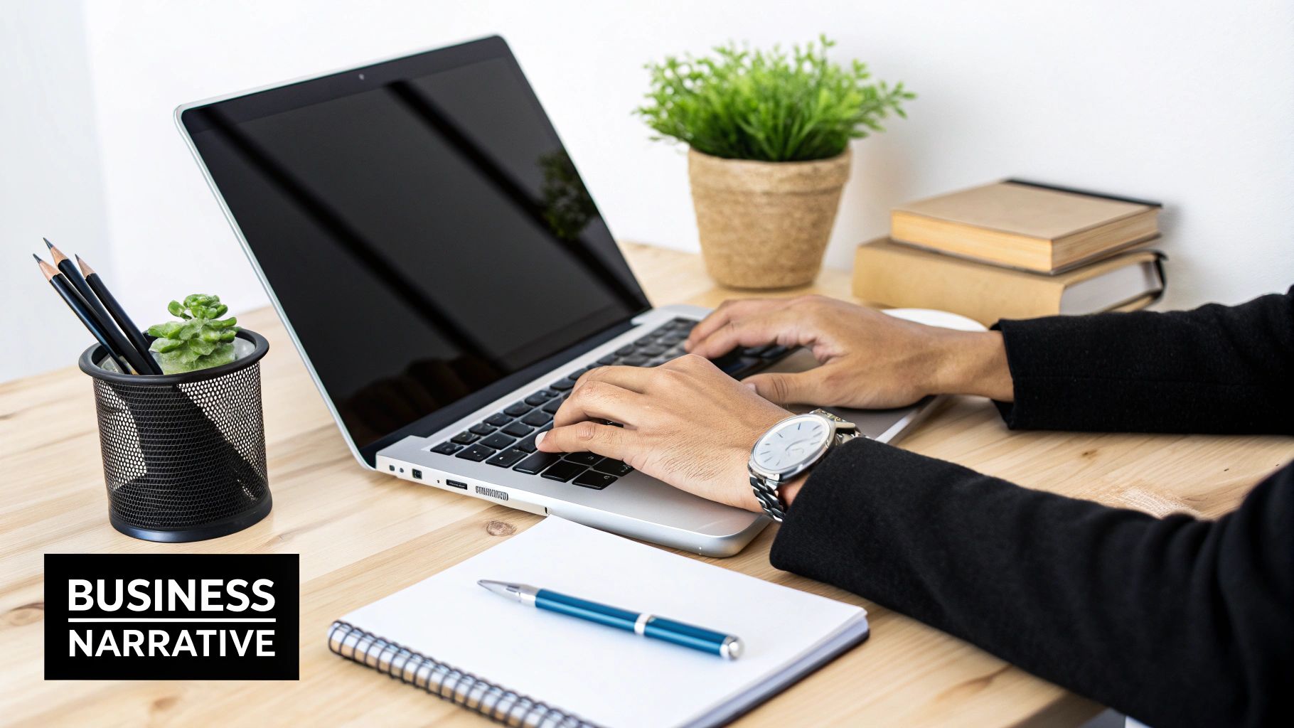 A small business owner confidently writing their business plan at a sunlit desk.