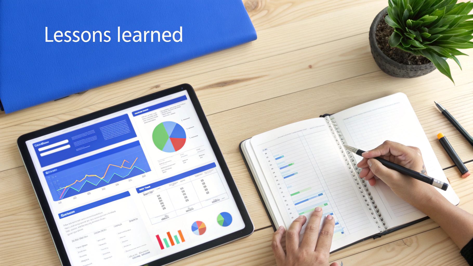 An overhead view of a person working on a tablet displaying charts and writing in a notebook, with 'Lessons learned' text.