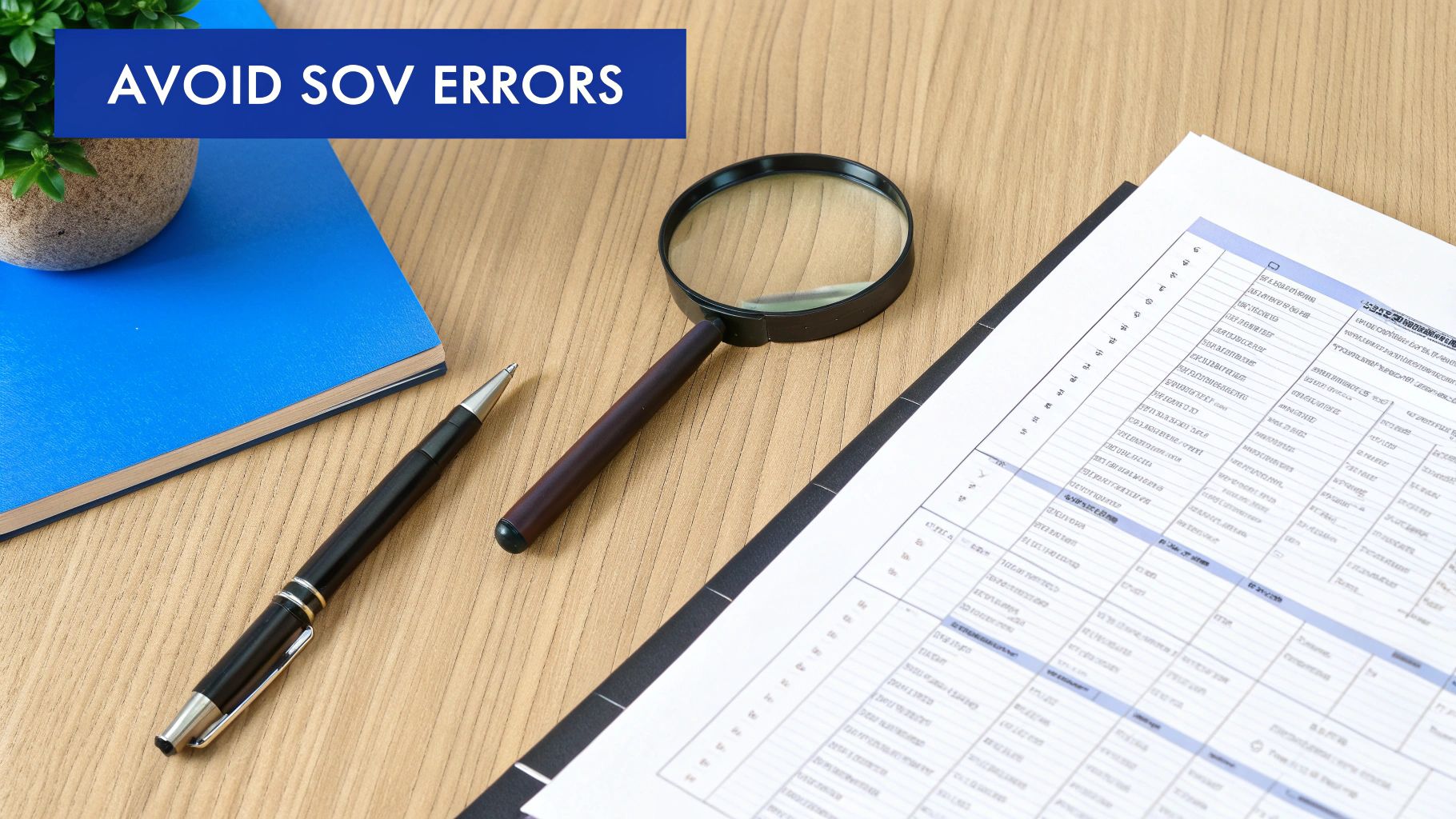 Desk with document, pen, magnifying glass, and notebook, with 'AVOID SOV ERRORS' text.