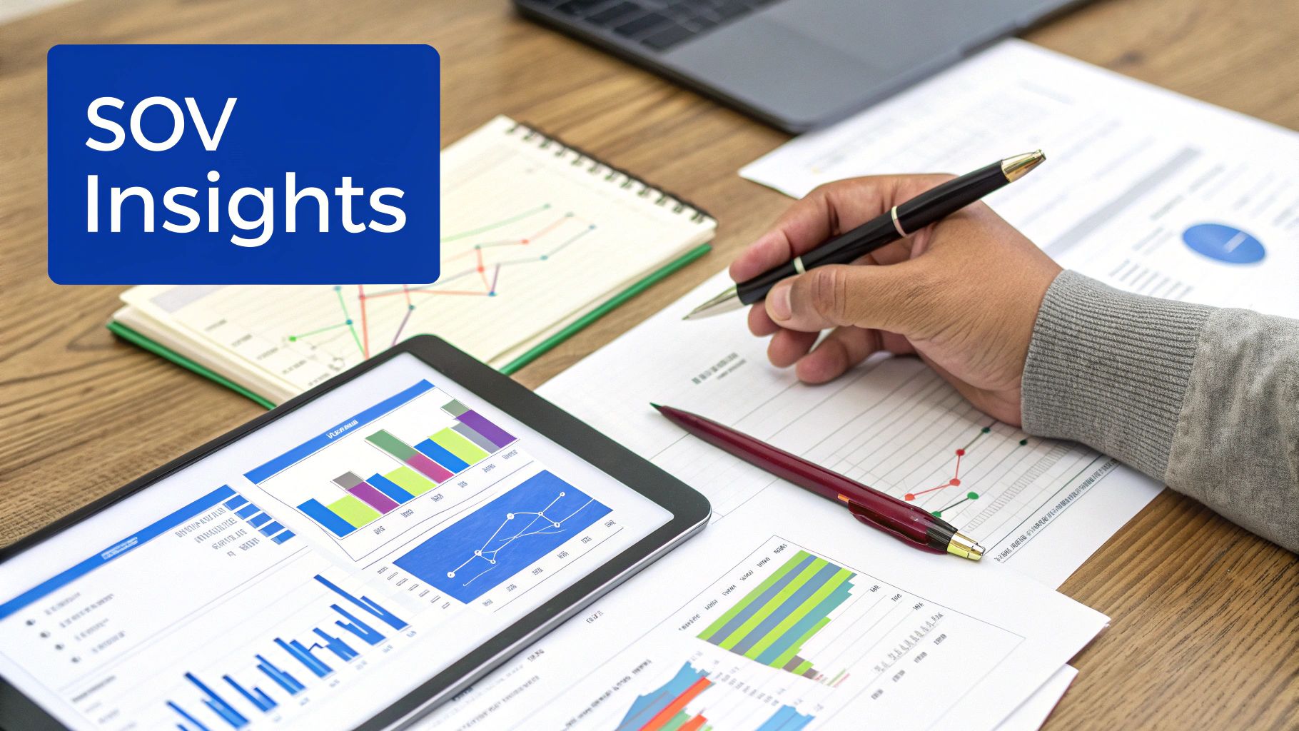 Person analyzing SOV Insights data with charts and graphs on a tablet and paper.