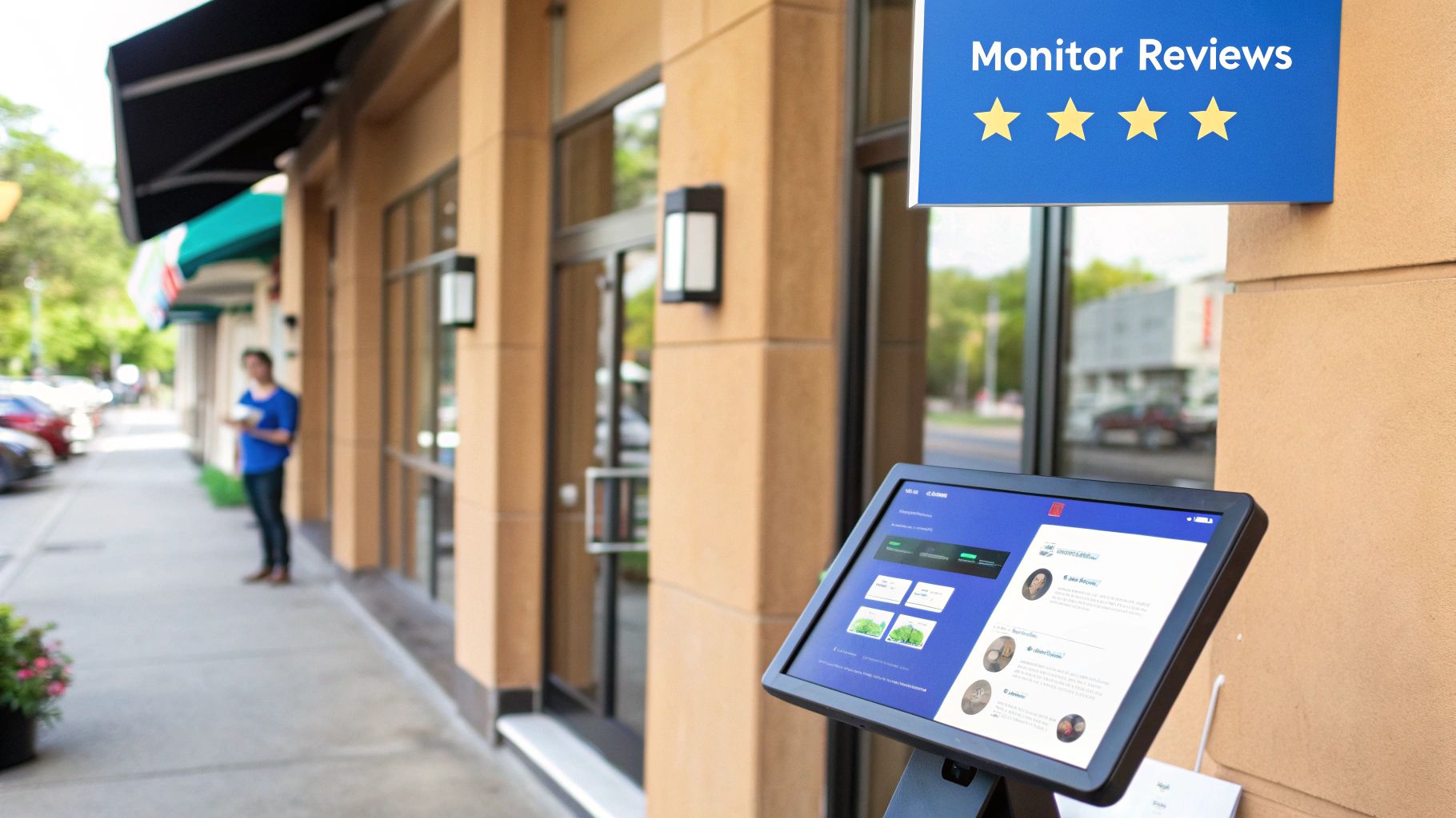 A digital monitor outside a business displays customer reviews, accompanied by a blue 'Monitor Reviews' sign with four stars.