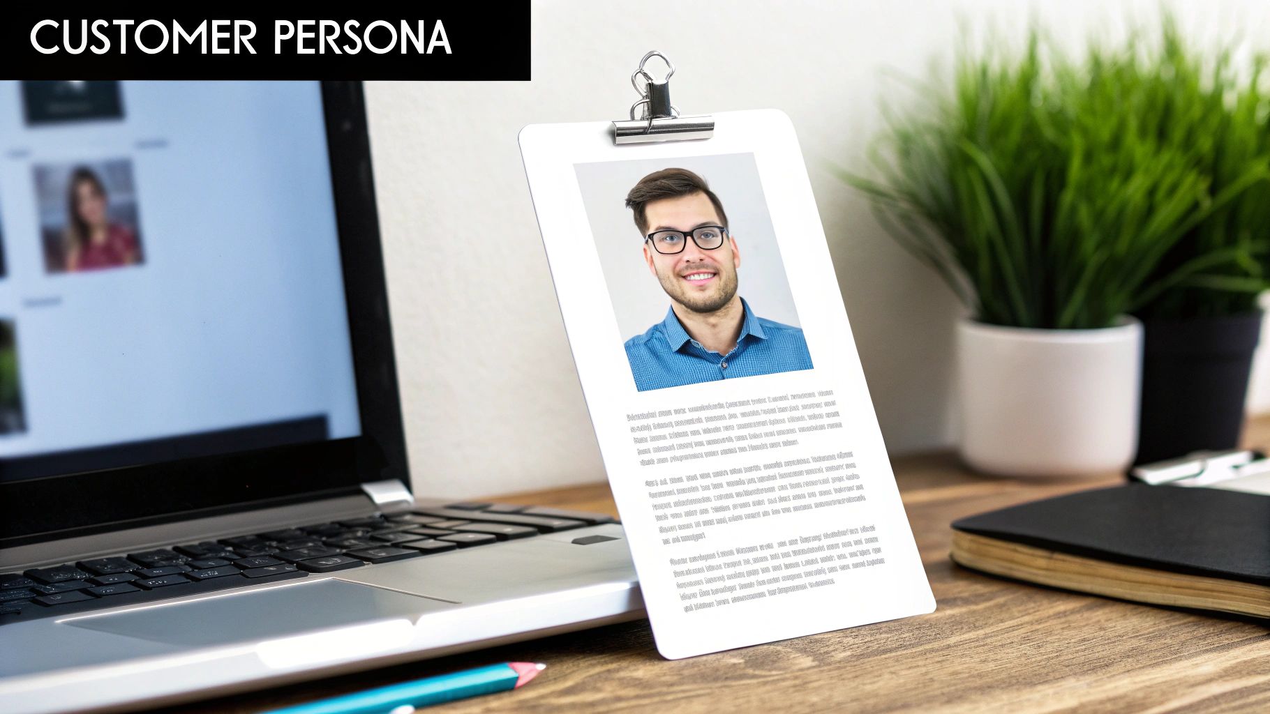 A detailed customer persona template showing fields for demographics, goals, frustrations, and motivations.
