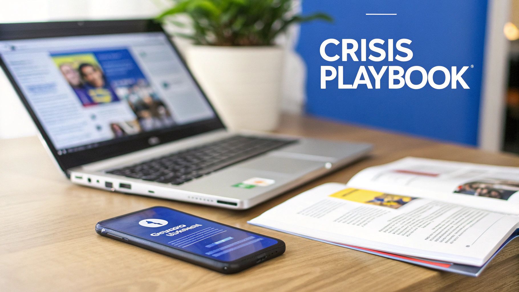 A workspace with a laptop, smartphone, and open book, featuring a 'CRISIS PLAYBOOK' sign.